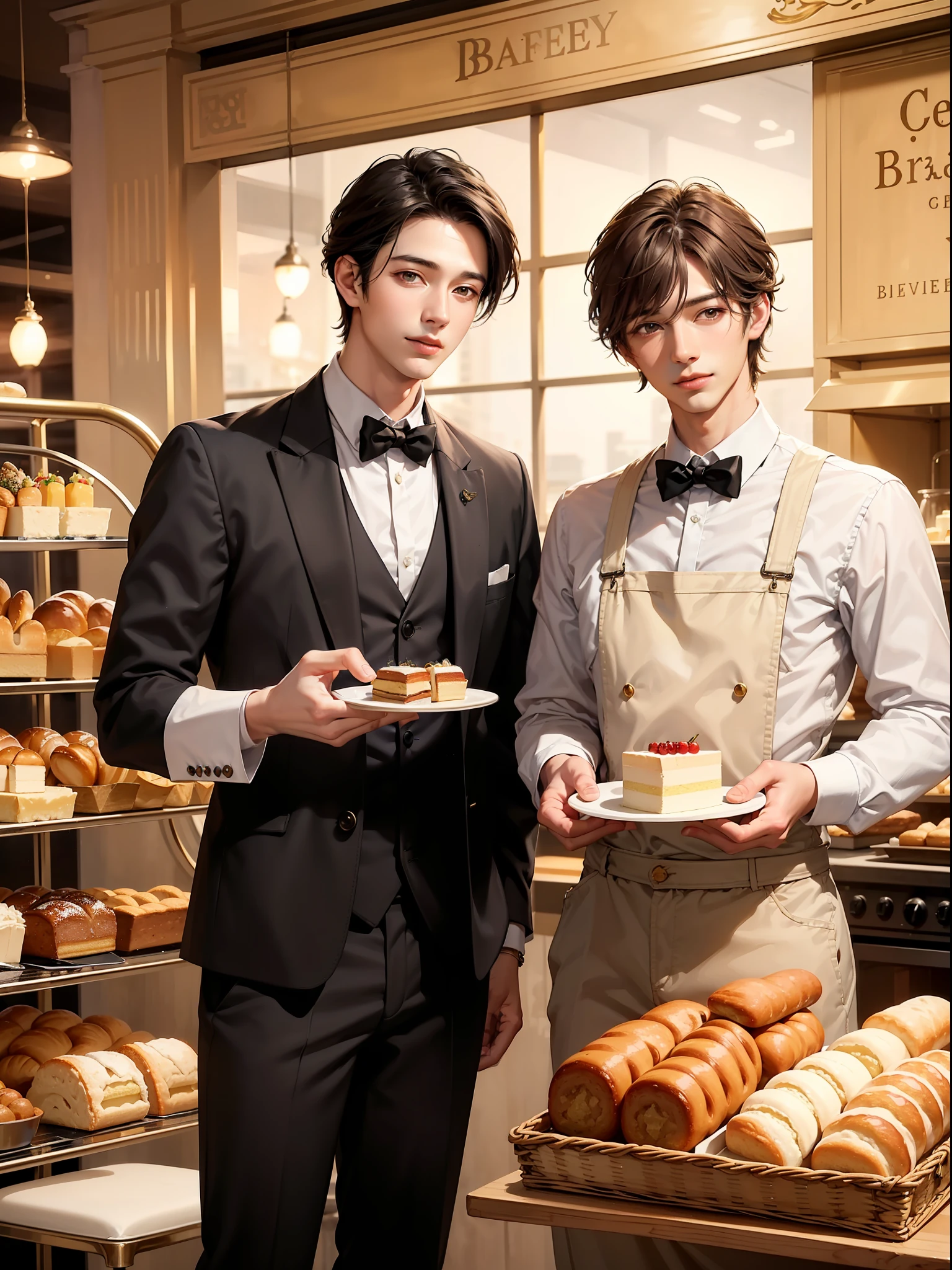 masterpiece, best quality, dreamy bakery background ( cafe background, dim fairy lights, cake and bread baskests), (( Two handsome boys, two males)), cinematic lightning, realistic 1.4, golden ratio, warm tone setting, beautiful males,( korean idol face) devilish smile, potrait