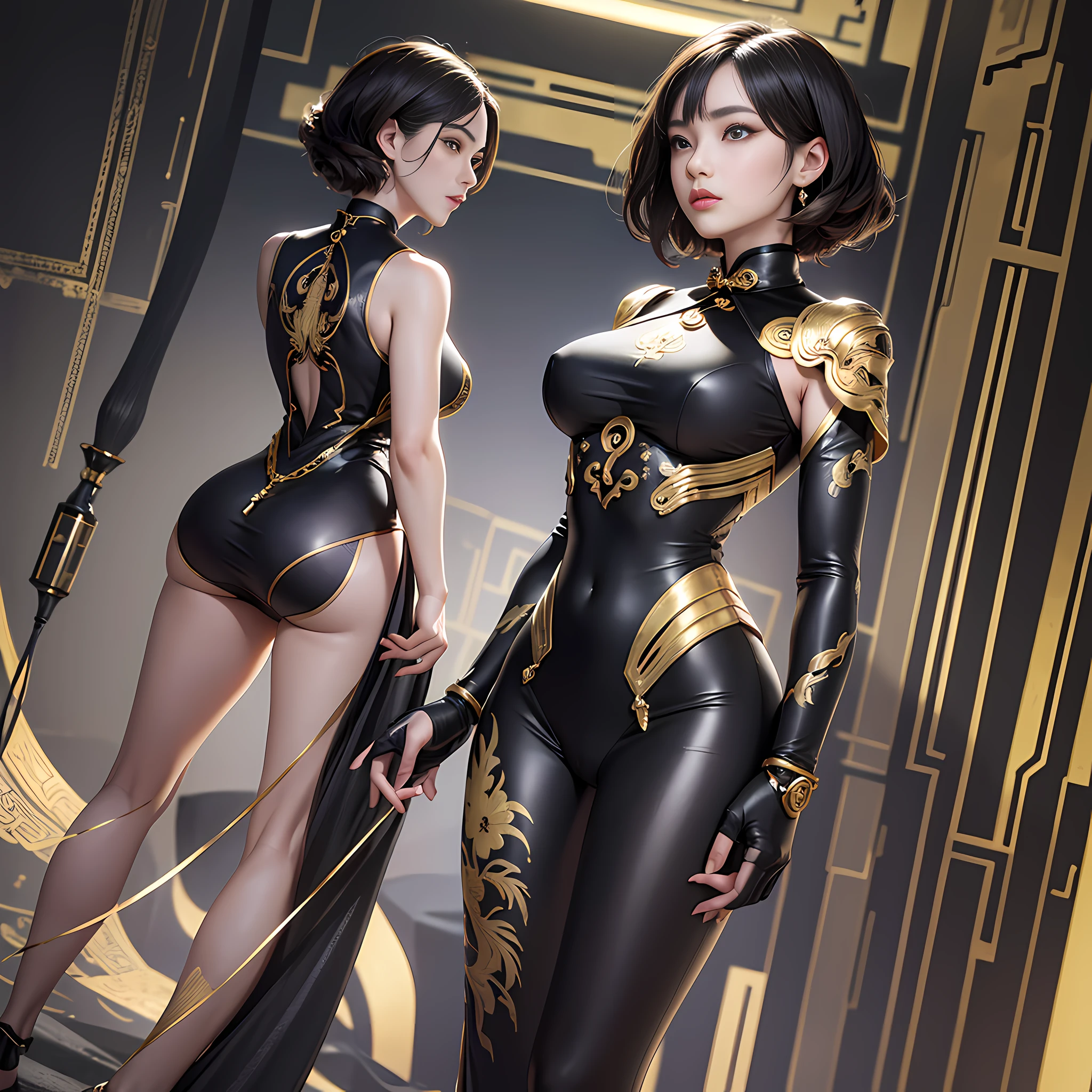 Best quality, masterpiece, 1 girl, cheongsam, battle, necklace, carbon fiber, mechanical palm, real, body proportions, golden ratio, full body, looking at the audience, delicate facial features, beautiful big eyes, front and back, sexy, cold look, hair real ,short hair, 8K, pyga --auto --s2