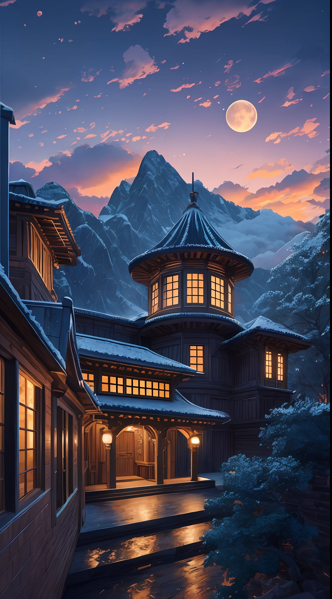 Masterpiece, best quality, high quality, extremely detailed CG unified 8k wallpaper, landscape, outdoors, sky, clouds, night, cloudy, big moon, huge stone wall hidden in the mountains, a group of people trying to open it, award winning photography, background bokeh, depth of field, HDR, bloom, chromatic aberration, realism, very detailed, artstation trend, cGSociety trend, intricate, high detail, drama, halfway art --auto --s2