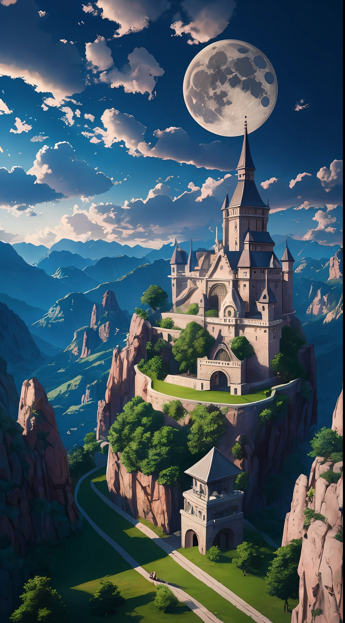 Masterpiece, best quality, high quality, extremely detailed CG unified 8k wallpaper, landscape, outdoors, sky, clouds, night, cloudy, big moon, huge stone wall hidden in the mountains, a group of people trying to open it, award winning photography, background bokeh, depth of field, HDR, bloom, chromatic aberration, realism, very detailed, artstation trend, cGSociety trend, intricate, high detail, drama, halfway art --auto --s2
