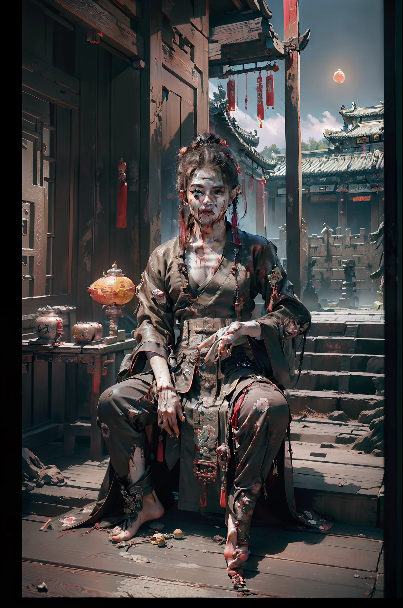 ((realistic))),((masterpiece), (best quality), ultra high res, (raw photo:1.2), (photorealistic:1.4), Exceptional detail, dramatic lighting, highres,   8k, absurdres, 1boy, (Chinese_Qing_zombie:1.5),  jewelry, full body, full moon, ancient Chinese building, Chinese tower, obsolete,  close up,(selfie:1.3), red dark sky,