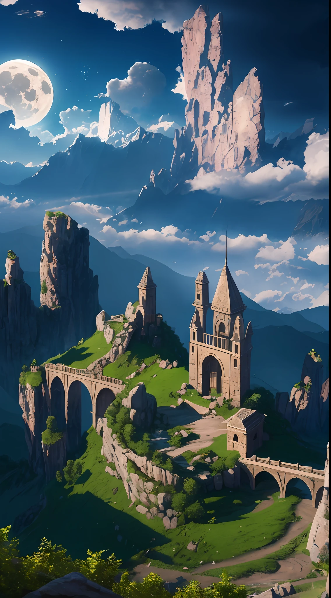 Masterpiece, best quality, high quality, extremely detailed CG unified 8k wallpaper, landscape, outdoors, sky, clouds, night, cloudy, big moon, huge stone wall hidden in the mountains, a group of people trying to open it, award winning photography, background bokeh, depth of field, HDR, bloom, chromatic aberration, realism, very detailed, artstation trend, cGSociety trend, intricate, high detail, drama, halfway art --auto --s2