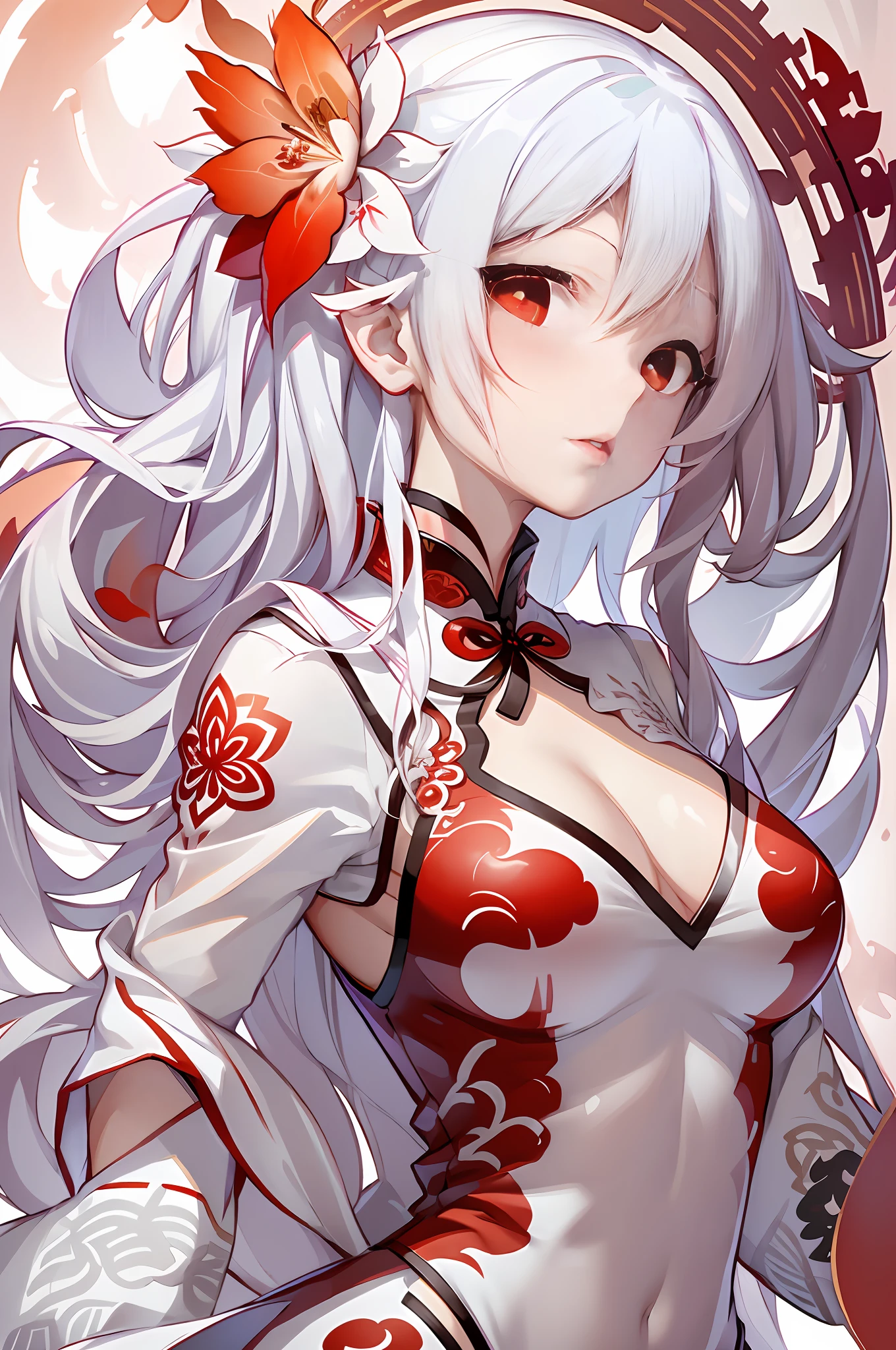 Stunning masterpiece, best image quality, super detailed, full of floating, high definition, a girl in cheongsam, beautiful figure, white hair, red eyes (1.2), dynamic posture, white and red flowers, cloudy and misty, watercolor effect, perfectly depicted.