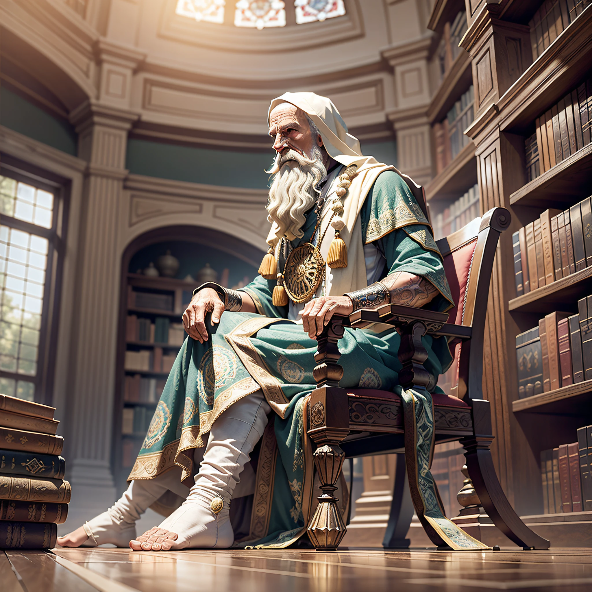 an elder man sitting on a antique chair in library, wrapped on the sheet, hermit, marble statue, octane render, dramatic lighting, keltic, european, mandala, side view from bottom, anatomically correct, super detailed