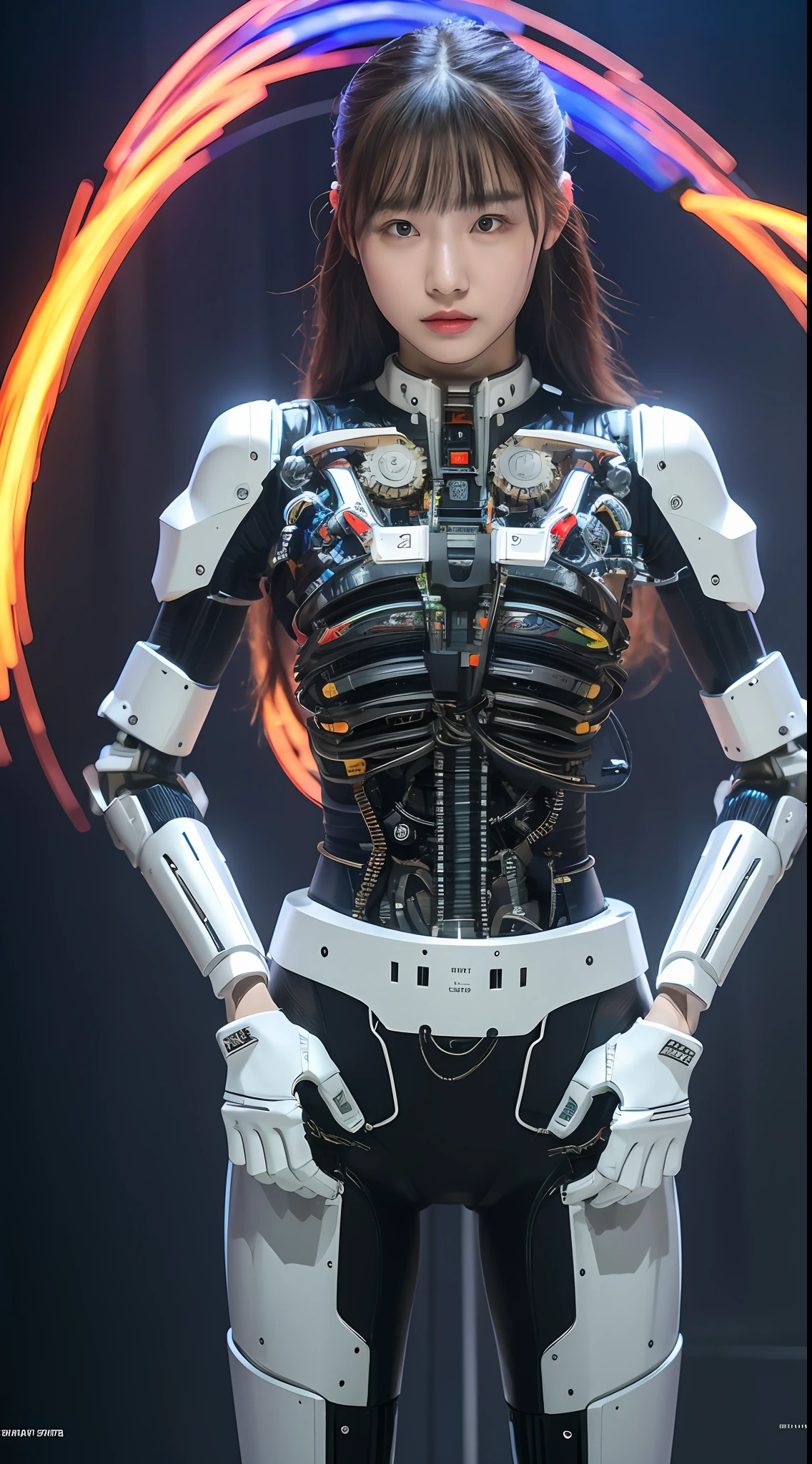 Top quality 8K ultra high definition work, masterpiece: 1.3, sharp focus: 1.2, one robot. Spine, wiring, cables, gears. (natural colors, photos, 8K), realistic skin type, realistic