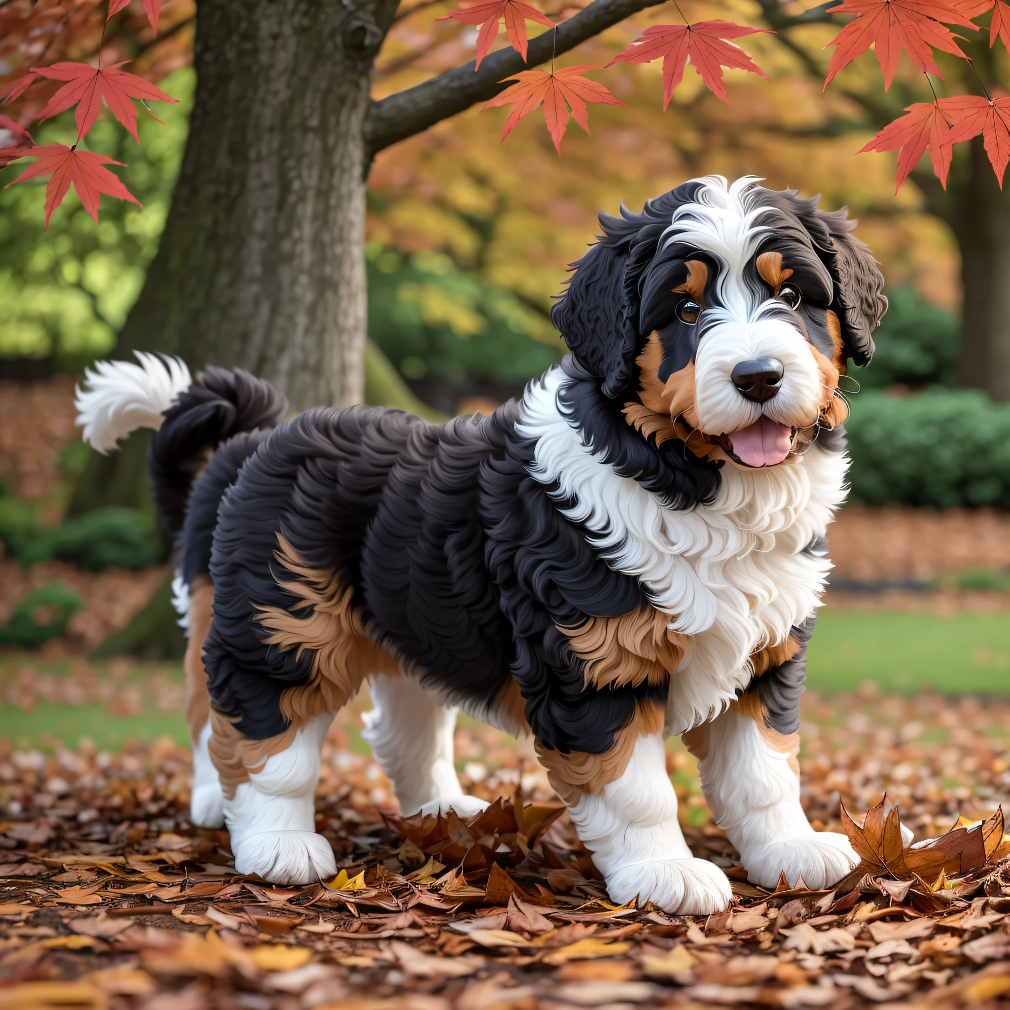 bernedoodle puppy playing with fallen leaves under a japanese maple tree --auto --s2