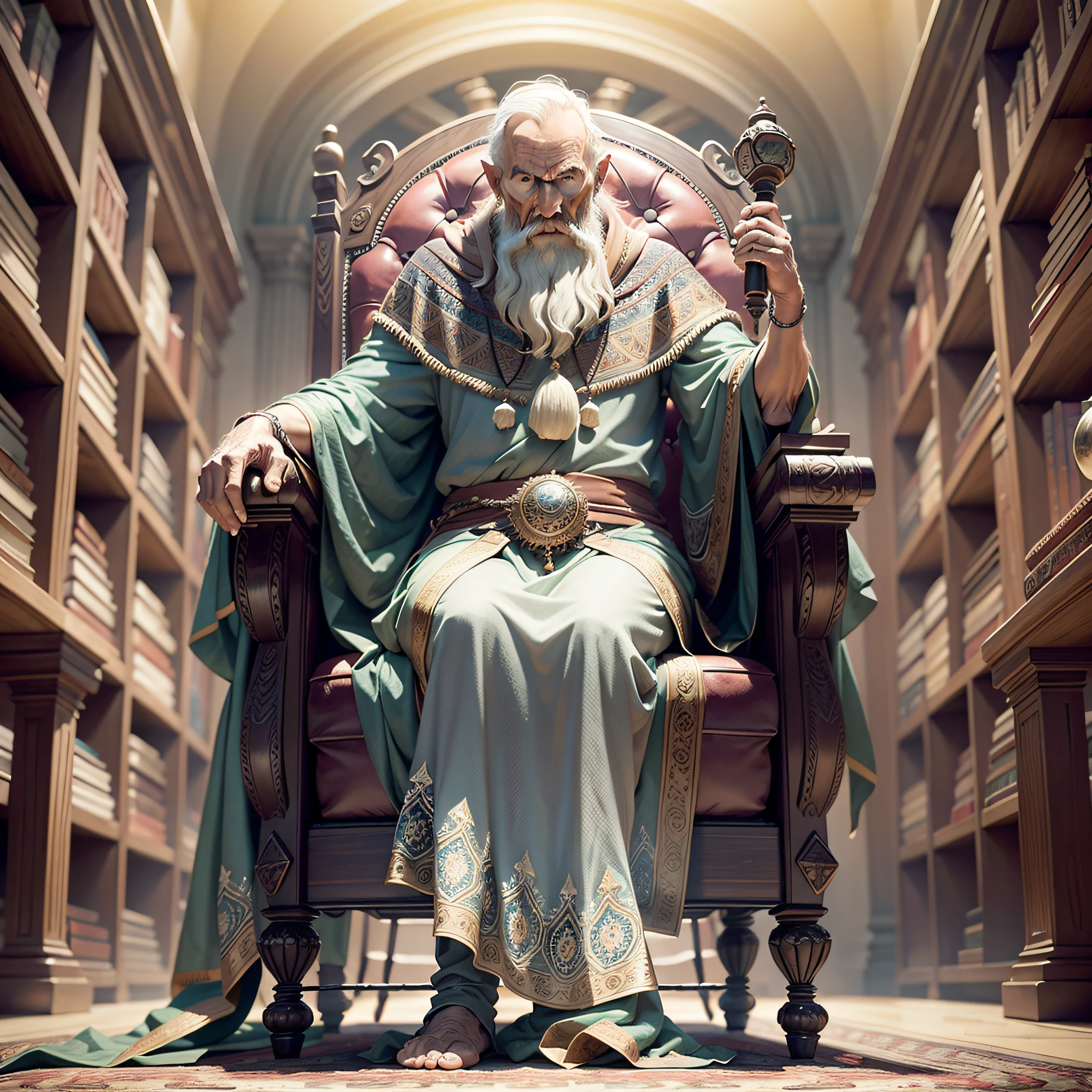 an elder man sitting on a antique chair in library, wrapped on the sheet, hermit, marble statue, octane render, dramatic lighting, keltic, european, mandala, side view from bottom, anatomically correct, super detailed