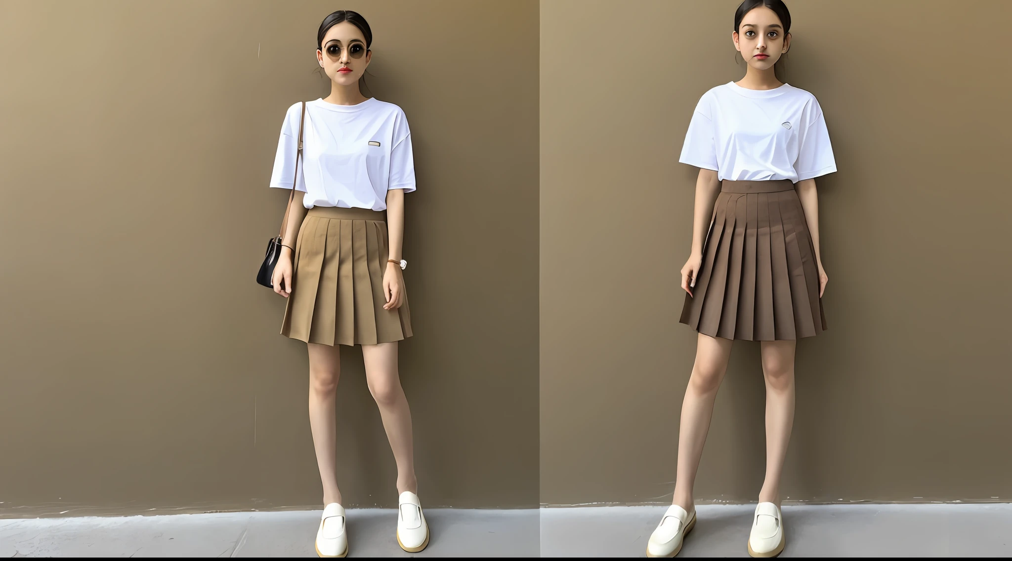 Loose T-shirt, pleated skirt, brown loafers