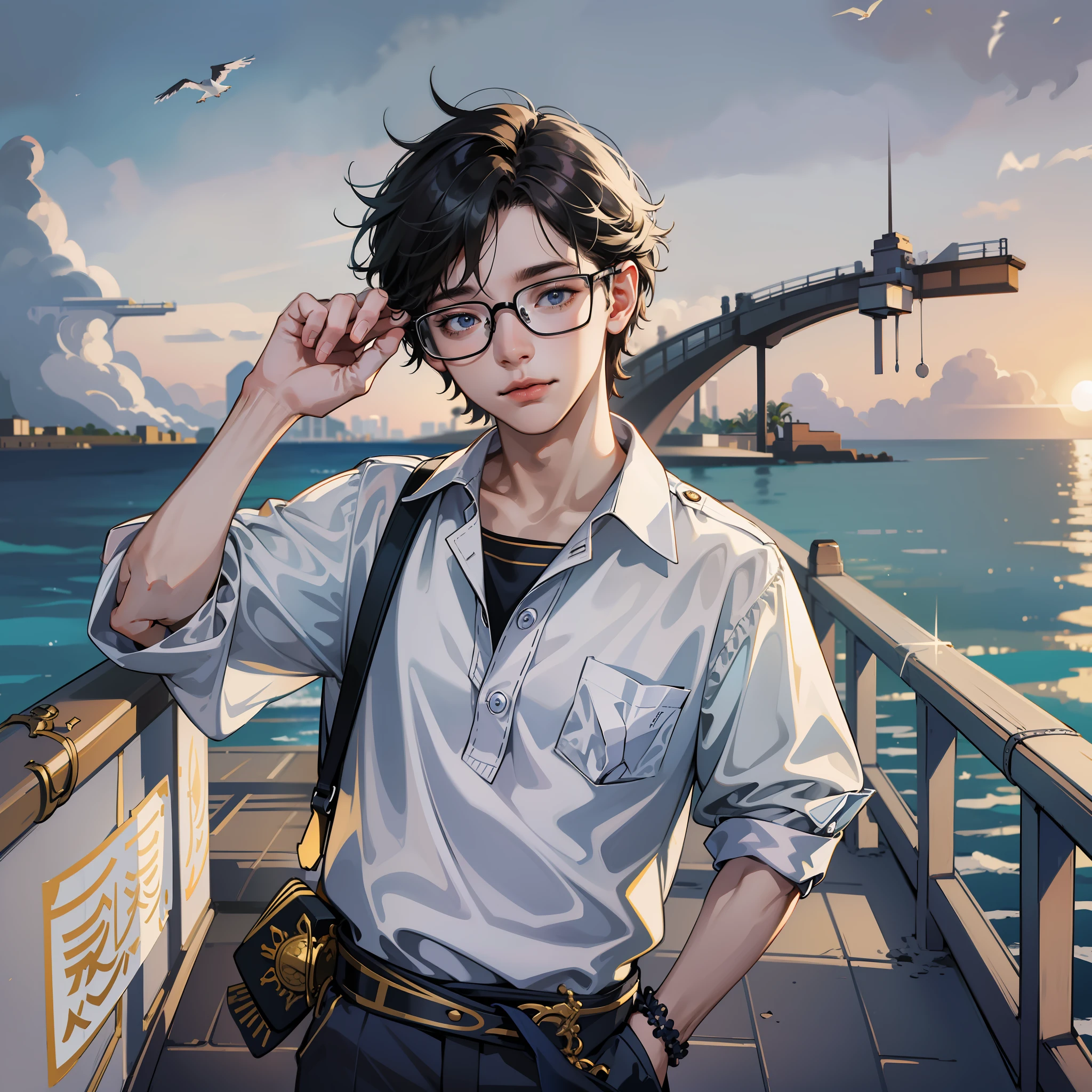 On the sea, on a cruise ship, a young man, wearing glasses, hair two and eight, standing, holding a hundred dollar bill, with the letters Lico written in the middle of his shirt, standing at the front of the cruise ship, standing and throwing money outward, third-person perspective, seagulls flying high in the sky, happy, confident, perfect quality, clear focus (clutter - home: 0.8), (Masterpiece: 1.2) (Realistic: 1.2) (Bokeh) (Best quality) (Detailed skin: 1.3) (Intricate details) (8K) (Detail Eyes) (sharp focus), (confident)