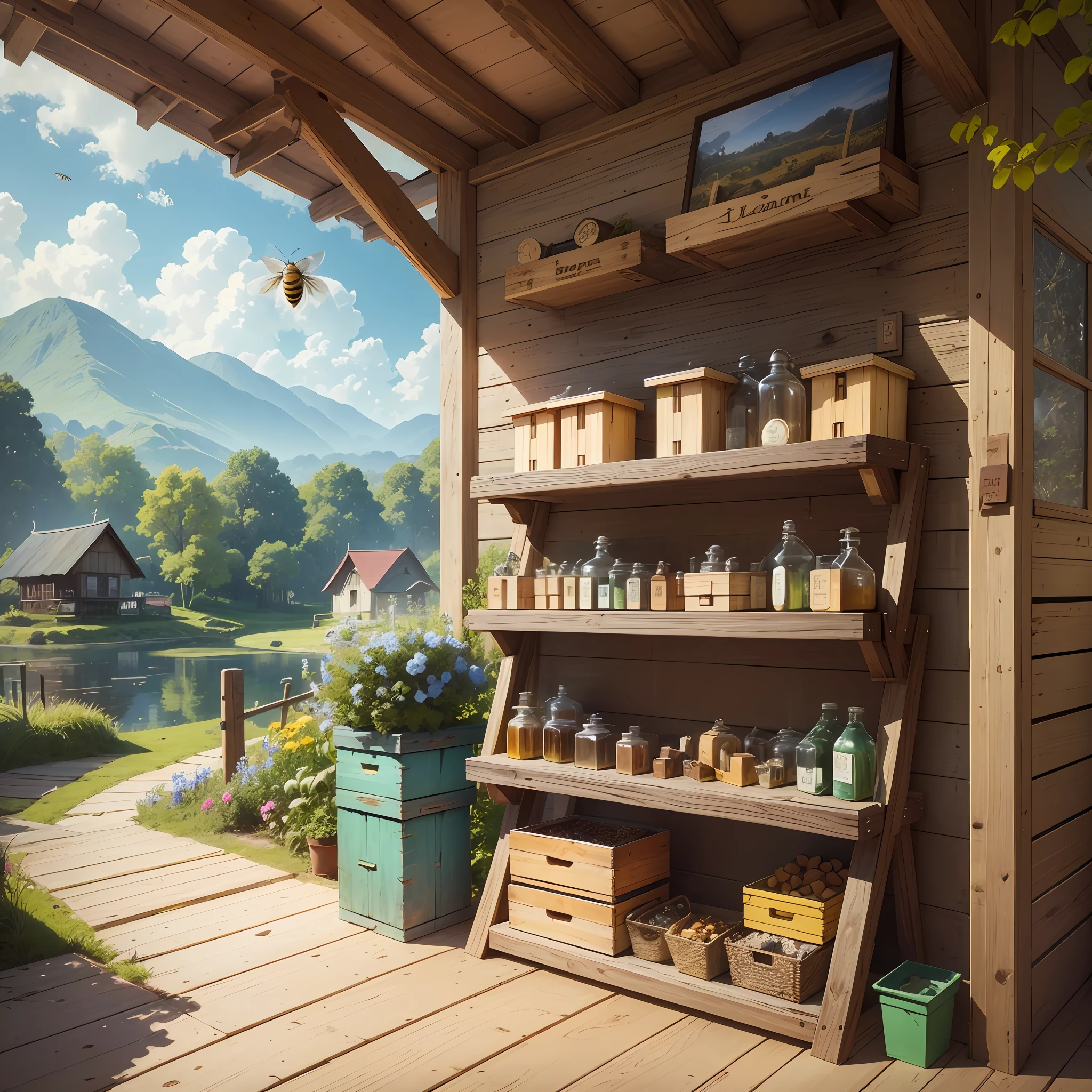 bee house, apiary, several bee boxes, maliponario, meliponiculture, bees flying around the boxes, meliponario of wooden logs, rustic, forest, inpa box, stingless bees, modular boxes inpa on wooden shelves, bees going in and out, flow of bees, a closeup of a wooden structure with a lot of boxes, a painting by Samuel Silva,  pixabay, assemblage, slum bee hive, honey, a wooden hive, honey and bee, outdoor, unknown, wooden benches, crafts and souvenirs, vine, hives, shaded, wooden structures, vtm, homemade, wooden boxes, sandra --auto --s2