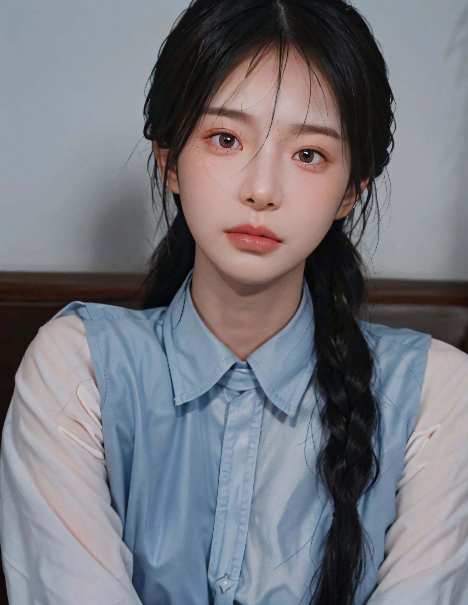 8k, RAW photo, best quality, masterpiece, high detail RAW color photo, professional photo, (realistic, photorealistic photorealism: 1.37), (high detail skin: 1.2), high resolution, beautiful detailed eyes, (hard focus: 1.4), (clear focus: 1.4), realistic, (8K UHD: 1.2), realistic high quality shadows, split lips, slender face, (wavy hair), half top knot, gray-blue braid, pink eye color, suggestive appearance, (extreme face close-up) , POV, (((depth of field))), Pale and shiny skin, Cropped unbuttoned shirt, 1 30 year old, Buruma, Blue sky and white clouds, Background bokeh, Lens flare, (Vignette:0.8), Dramatic lighting, Cinematic lighting, Backlighting, Professional lighting, Physically based rendering, ULZZANG-6500-V1.1, pureerosface_v1.
