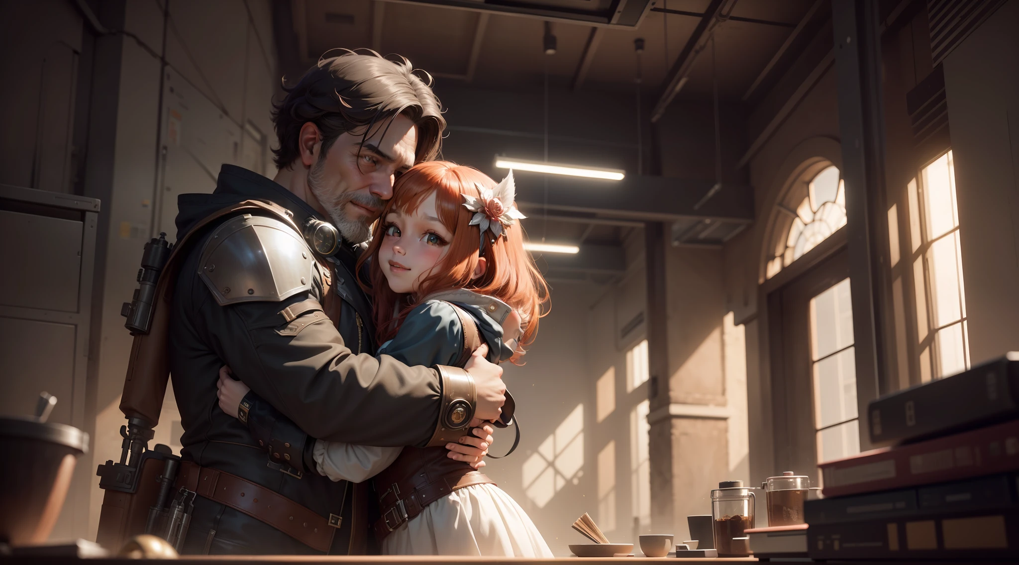 /Imagination Tips: Illustration Lab, a pretty little girl with long pig ears hugs a middle-aged man, hug, daughter redhead: :10, black hair middle-aged man: :15, happy smile: :16, rule of thirds composition: :8, big vision: :16, Unreal Engine: :13, beautiful lights::10, dramatic light::10, movie:::8, dramatic::9, super mass:::8, futuristic lab::12, steampunk::15 --seed 525--s 400 --q 2 --c 10, whole body