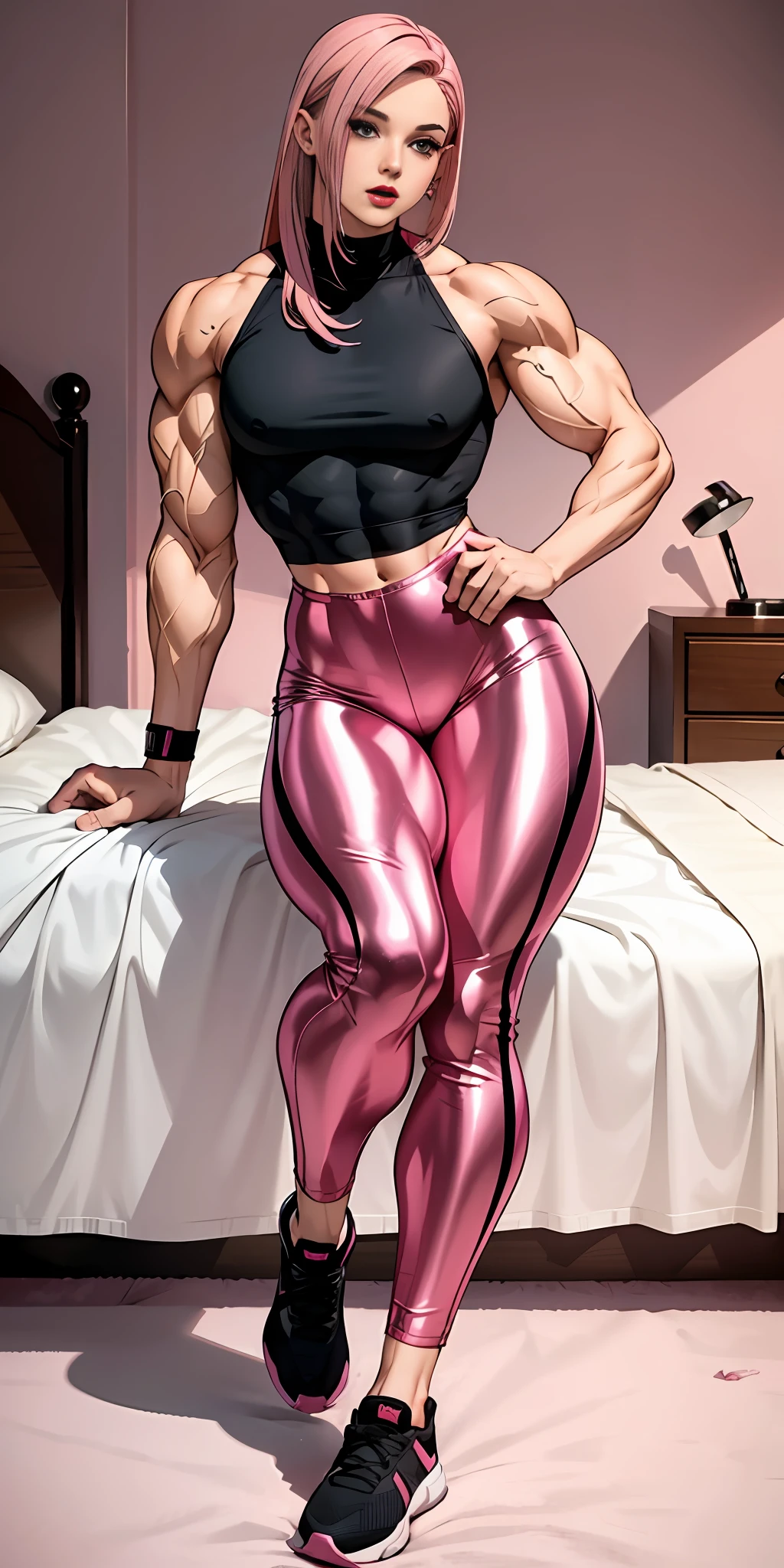 Man, girl face, transgender, adult, lipstick, provocative face, , pink hair (straight and long), running pants, muscular, male thighs, small male breasts, pretuberance, macing genital, full body, shiny pants, (background: bedroom, bed)