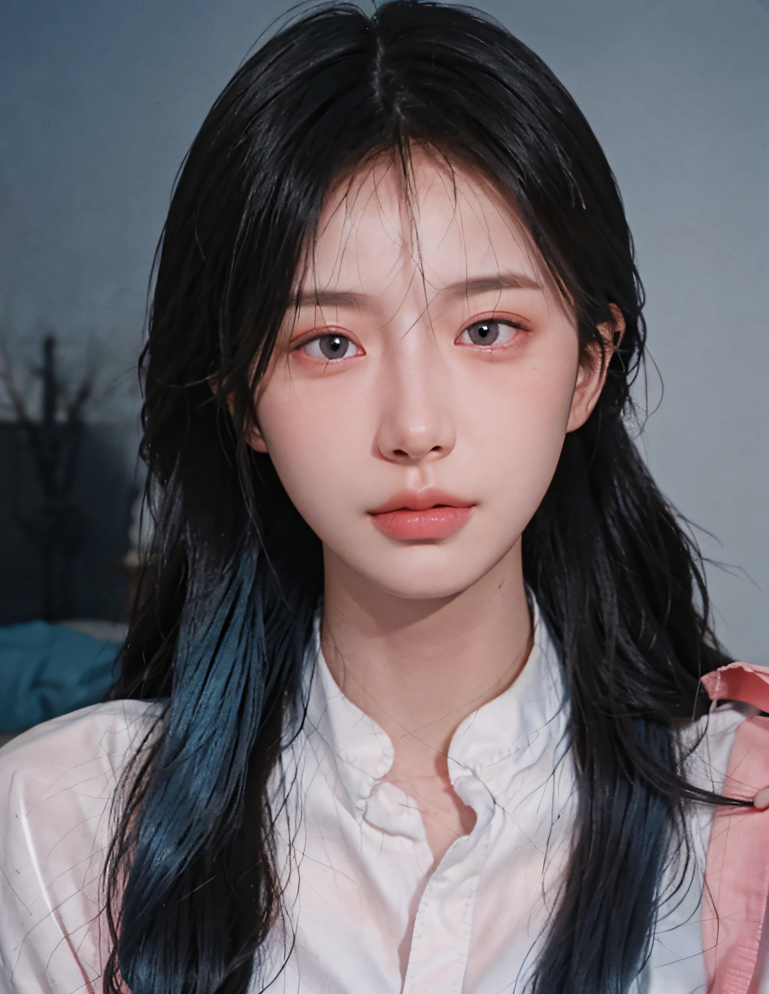 8k, RAW photo, best quality, masterpiece, high detail RAW color photo, professional photo, (realistic, photorealistic photorealism: 1.37), (high detail skin: 1.2), high resolution, beautiful detailed eyes, (hard focus: 1.4), (clear focus: 1.4), realistic, (8K UHD: 1.2), realistic high quality shadows, split lips, slender face, (wavy hair), half top knot, gray-blue braid, pink eye color, suggestive appearance, (extreme face close-up) , POV, (((depth of field))), Pale and shiny skin, Cropped unbuttoned shirt, 1 30 year old, Buruma, Blue sky and white clouds, Background bokeh, Lens flare, (Vignette:0.8), Dramatic lighting, Cinematic lighting, Backlighting, Professional lighting, Physically based rendering, ULZZANG-6500-V1.1, pureerosface_v1.