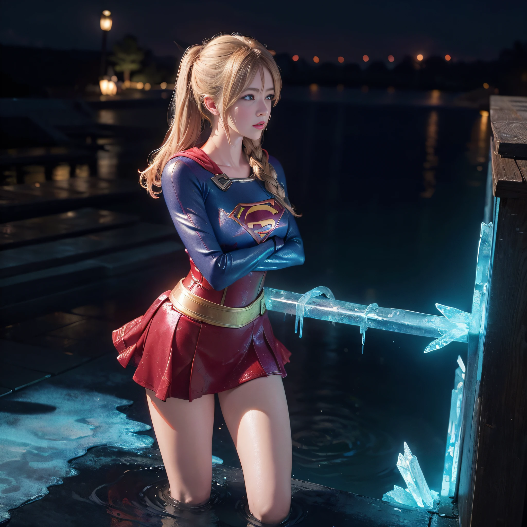 ((masterpiece)), 4k, beautiful (Japanese cute idle) , ((best quality)), professional lighting, highres , blonde hair, looking at viewer, red sparkly lips, (supergirl costume), sweaty and wet, realistic painting, intricate, full body, (realistic eye:0.9), (realistic painting:0.9), beautiful shine blue eyes, profile, embarrassed, strong neon backlight, oily, rainy, transparent, clean nasal bridge, frozen