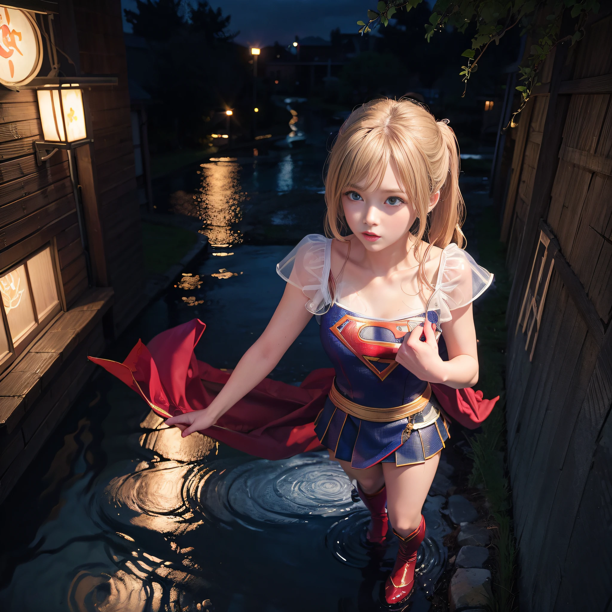 ((masterpiece)), 4k, beautiful (Japanese cute idle) , ((best quality)), professional lighting, highres , blonde hair, looking at viewer, red sparkly lips, (supergirl costume), sweaty and wet, realistic painting, intricate, full body, (realistic eye:0.9), (realistic painting:0.9), beautiful shine blue eyes, profile, embarrassed, strong neon backlight, oily, rainy, transparent, clean nasal bridge, frozen