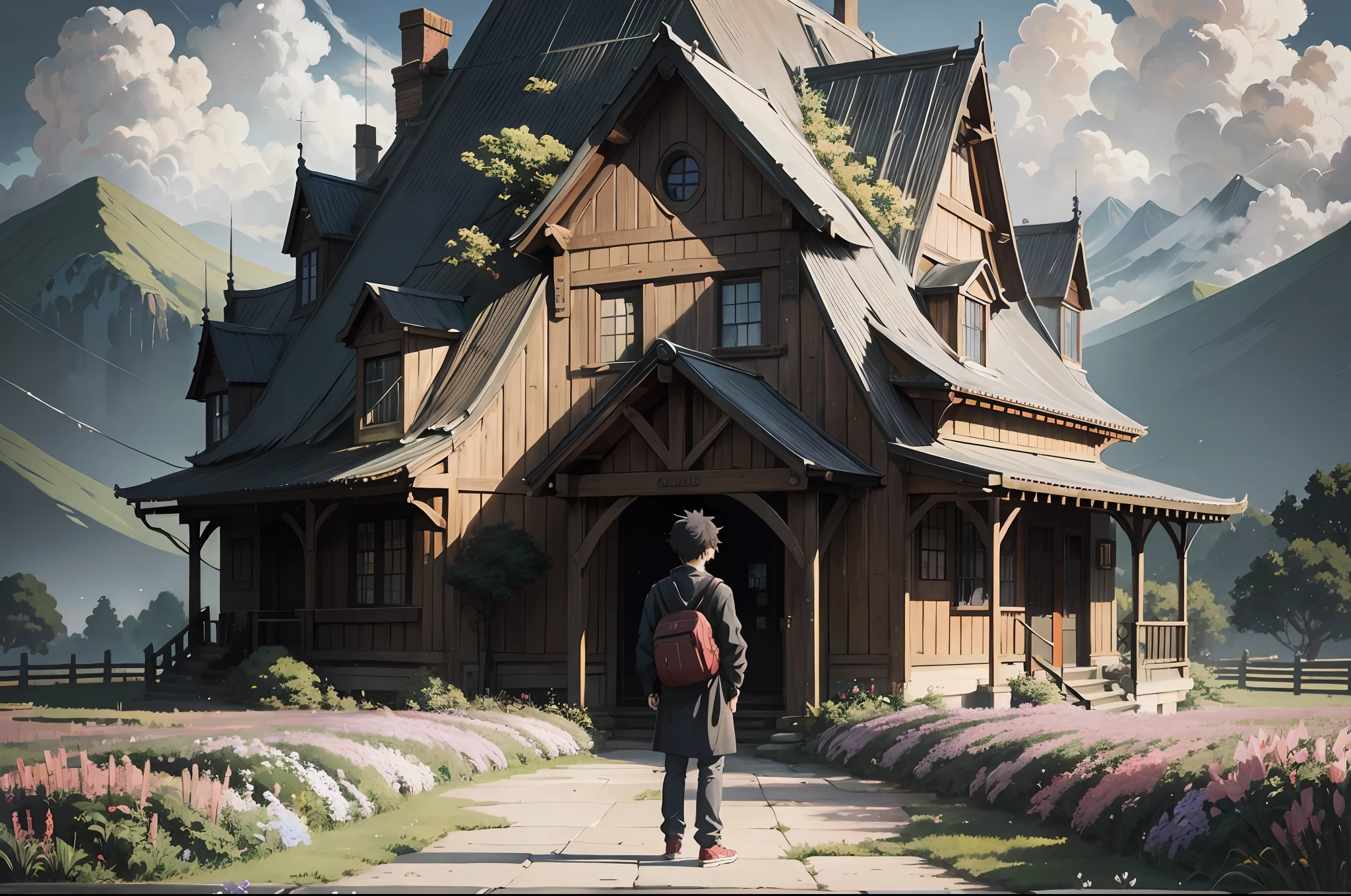 there is a painting of a house and a lonely boy ,wear black shirt, sadness, emotional in the middle of a field of flowers, anime background art, beautiful anime scenery, anime beautiful peace scene, beautiful anime scene, anime art wallpaper 4 k, anime art wallpaper 4k, anime scenery, anime landscape wallpaper, anime art wallpaper 8 k, anime landscape, anime background, ross tran. scenic background, 4k anime wallpaper