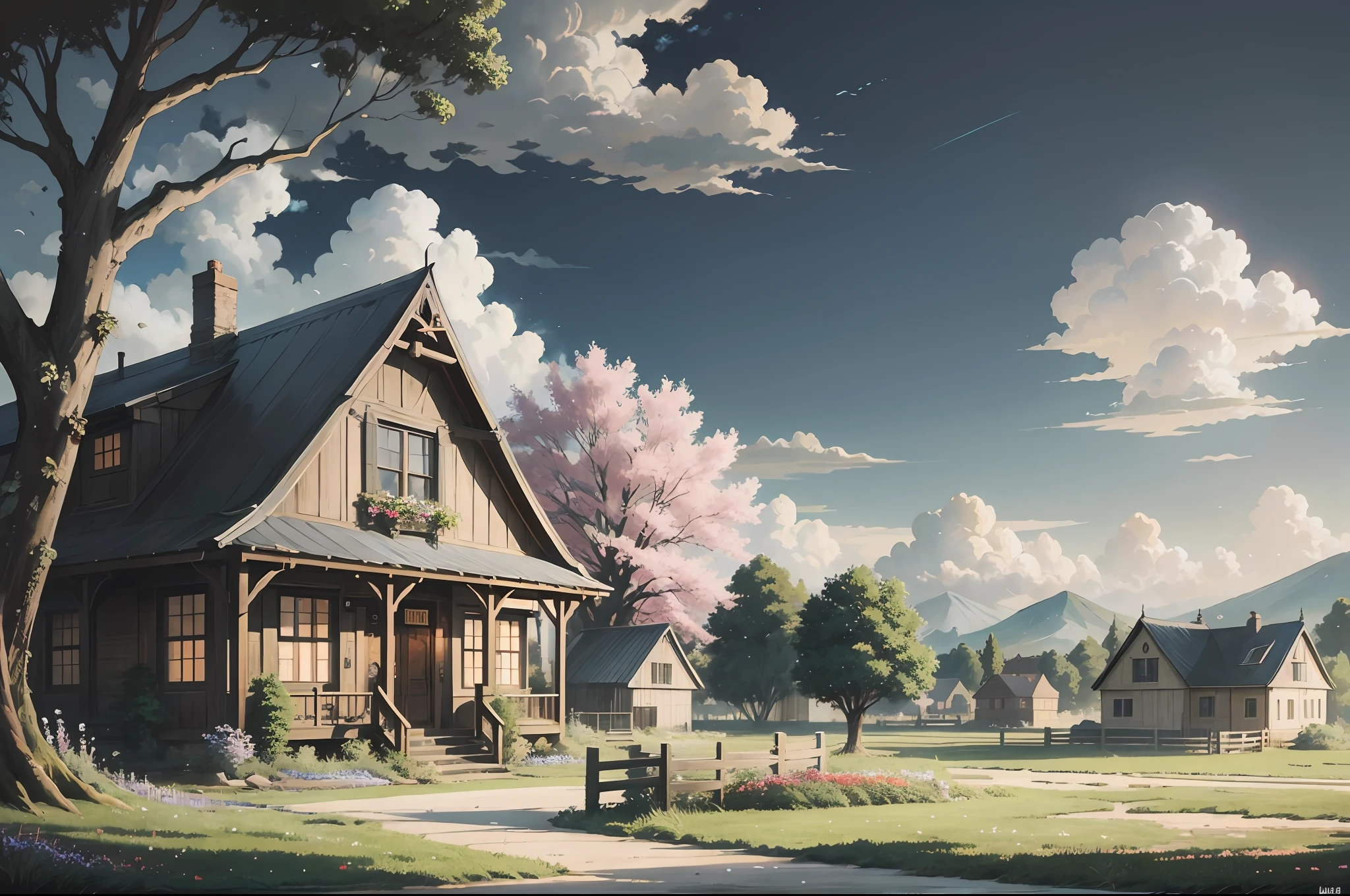 there is a painting of a house and a lonely boy ,wear black shirt, sadness, emotional in the middle of a field of flowers, anime background art, beautiful anime scenery, anime beautiful peace scene, beautiful anime scene, anime art wallpaper 4 k, anime art wallpaper 4k, anime scenery, anime landscape wallpaper, anime art wallpaper 8 k, anime landscape, anime background, ross tran. scenic background, 4k anime wallpaper