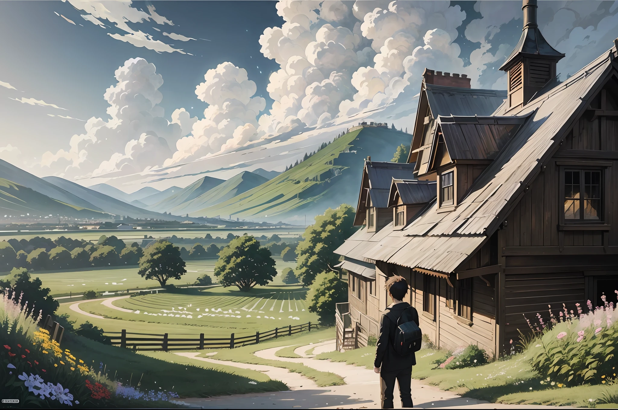 there is a painting of a house and a lonely boy ,wear black shirt, sadness, emotional in the middle of a field of flowers, anime background art, beautiful anime scenery, anime beautiful peace scene, beautiful anime scene, anime art wallpaper 4 k, anime art wallpaper 4k, anime scenery, anime landscape wallpaper, anime art wallpaper 8 k, anime landscape, anime background, ross tran. scenic background, 4k anime wallpaper