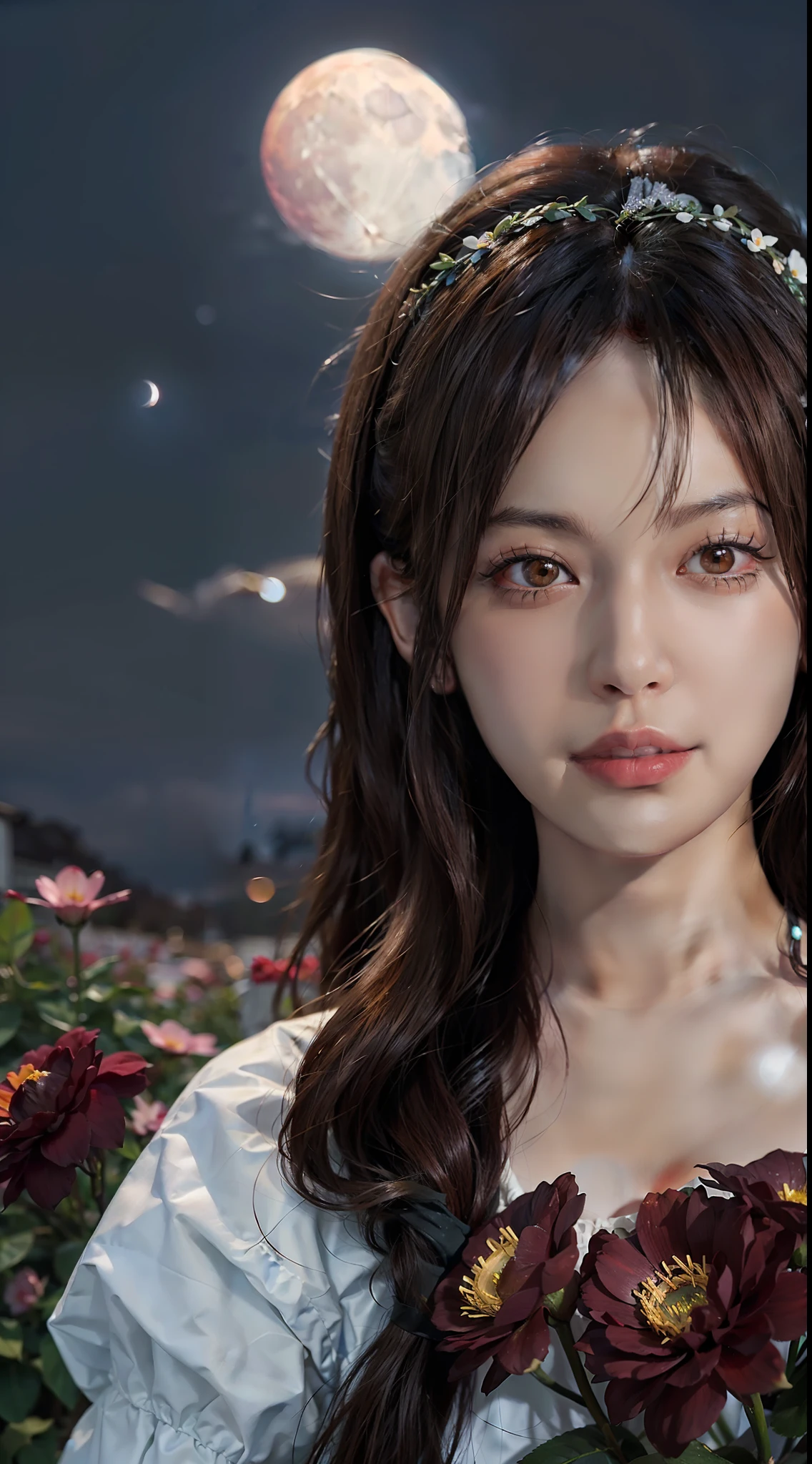 1girl, blurry, blurry_background, brown_eyes, brown_hair, depth_of_field, earrings, flower, full_moon, hair_flower, hair_ornament, lips, looking_at_viewer, moon, moonlight, night, night_sky, outdoors, red_flower, red_moon, sky, solo