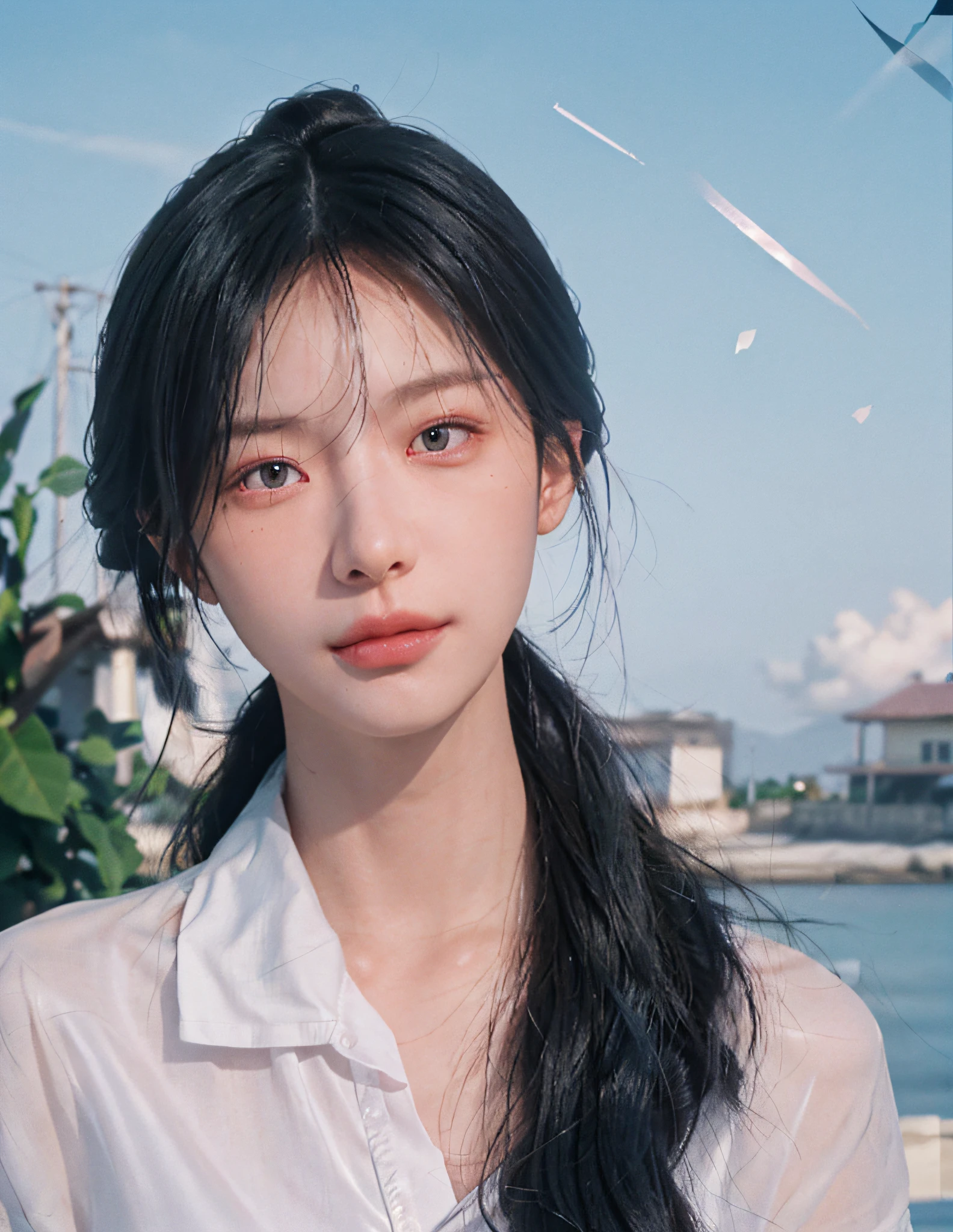 8k, RAW photo, best quality, masterpiece, high detail RAW color photo, professional photo, (realistic, photorealistic photorealism: 1.37), (high detail skin: 1.2), high resolution, beautiful detailed eyes, (hard focus: 1.4), (clear focus: 1.4), realistic, (8K UHD: 1.2), realistic high quality shadows, split lips, slender face, (wavy hair), half top knot, gray-blue braid, pink eye color, suggestive appearance, (extreme face close-up) , pov, ((((depth of field))), pale and shiny skin, nine-split collar shirt, a 30 year old, buruma, blue sky and white clouds, background blur, lens flare, (vignetting: 0.8), dramatic lighting, cinematic lighting, backlighting, professional lighting, physically based rendering, ulzzang-6500-v1.1, pureerosface_v1.