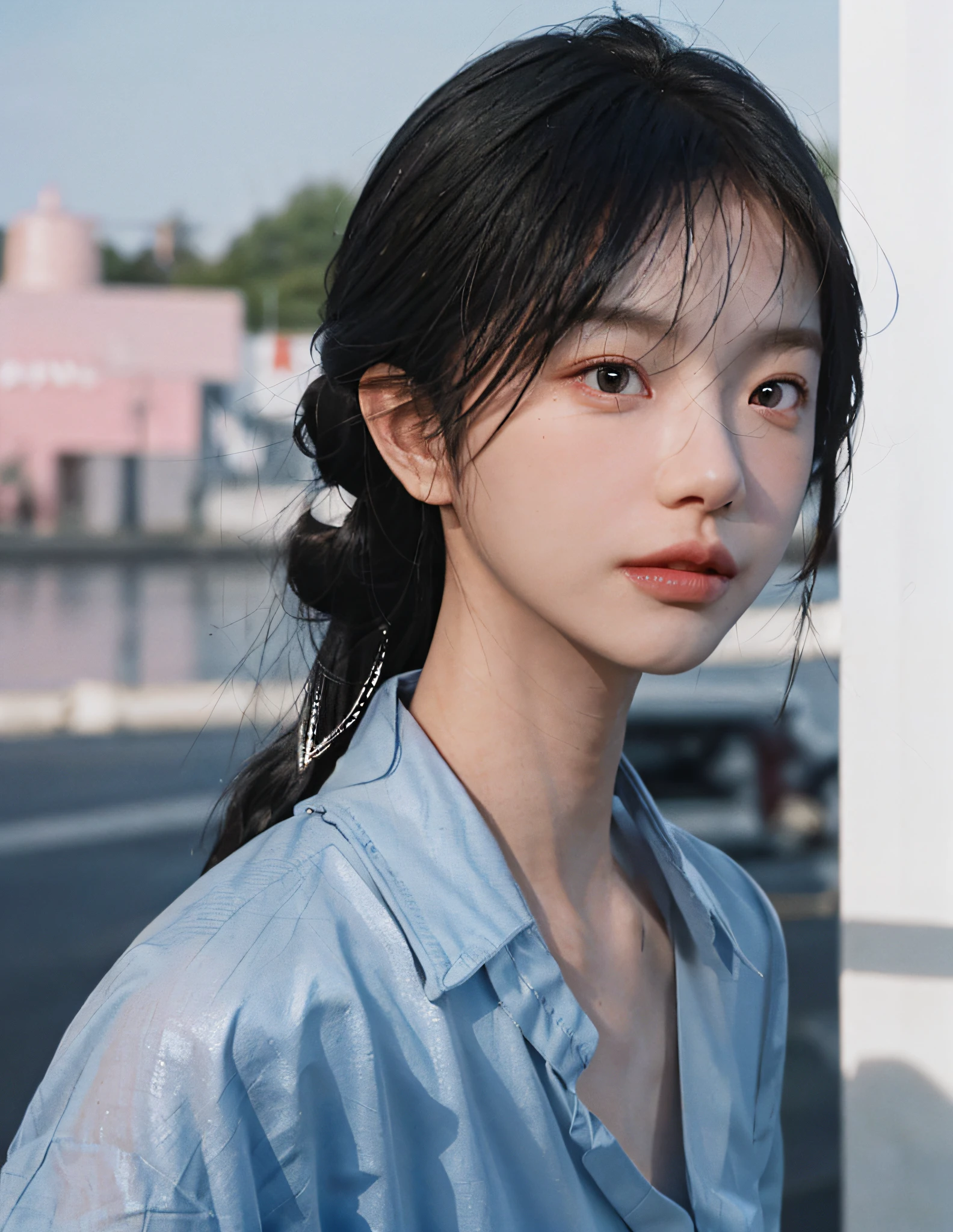 8k, RAW photo, best quality, masterpiece, high detail RAW color photo, professional photo, (realistic, photorealistic photorealism: 1.37), (high detail skin: 1.2), high resolution, beautiful detailed eyes, (hard focus: 1.4), (clear focus: 1.4), realistic, (8K UHD: 1.2), realistic high quality shadows, split lips, slender face, (wavy hair), half top knot, gray-blue braid, pink eye color, suggestive appearance, (extreme face close-up) , pov, ((((depth of field))), pale and shiny skin, nine-split collar shirt, a 30 year old, buruma, blue sky and white clouds, background blur, lens flare, (vignetting: 0.8), dramatic lighting, cinematic lighting, backlighting, professional lighting, physically based rendering, ulzzang-6500-v1.1, pureerosface_v1.
