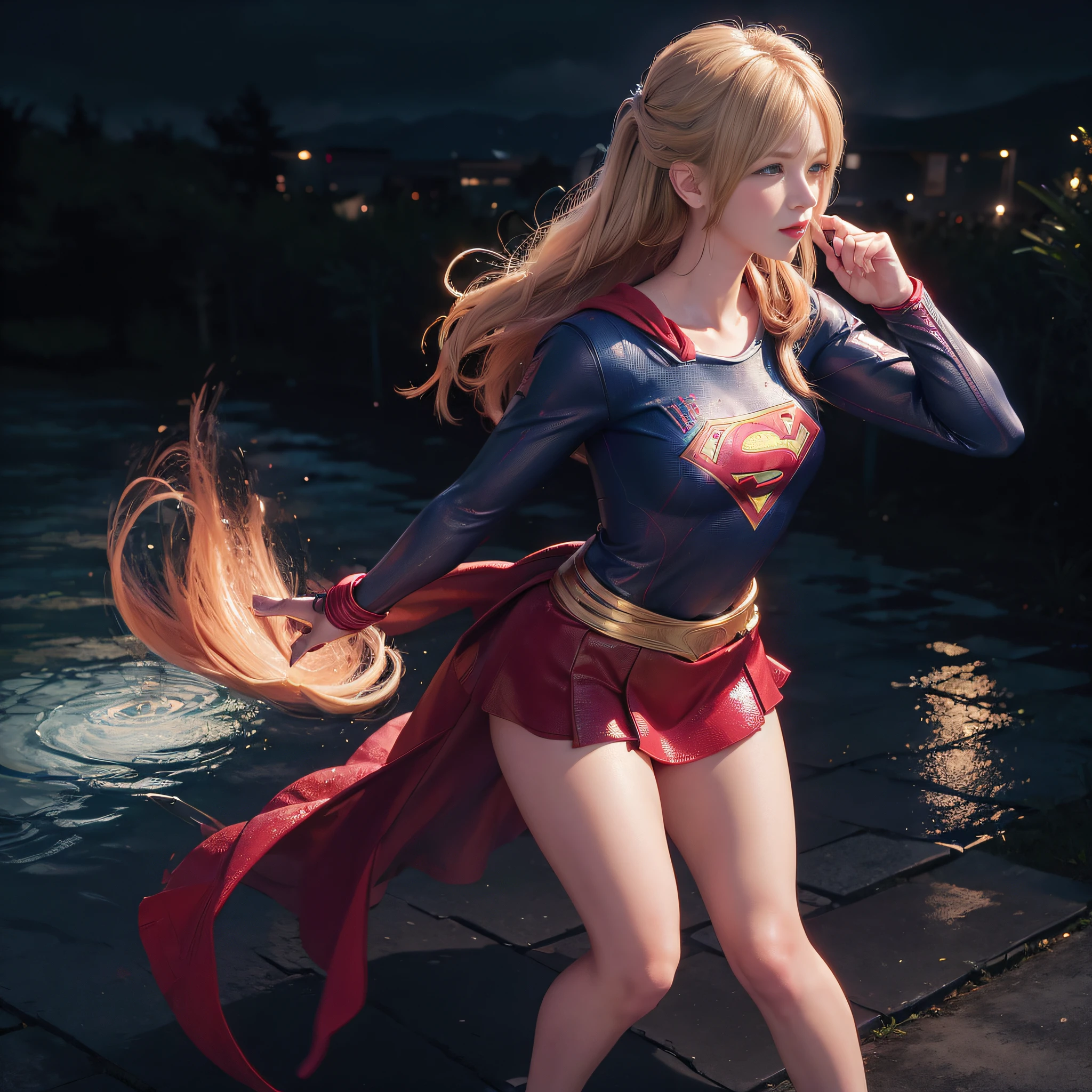 ((masterpiece)), 4k, beautiful (Japanese cute idle) , ((best quality)), professional lighting, highres , blonde hair, looking at viewer, red sparkly lips, (supergirl costume), sweaty and wet, realistic painting, intricate, full body, (realistic eye:0.9), (realistic painting:0.9), beautiful shine blue eyes, profile, embarrassed, strong neon backlight, oily, rainy, transparent, clean nasal bridge, frozen, (1girl:1.4),
