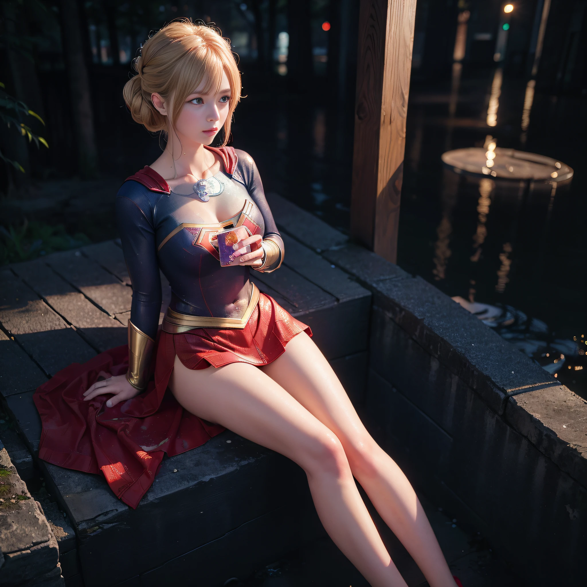 ((masterpiece)), 4k, beautiful (Japanese cute idle) , ((best quality)), professional lighting, highres , blonde hair, looking at viewer, red sparkly lips, (supergirl costume), sweaty and wet, realistic painting, intricate, full body, (realistic eye:0.9), (realistic painting:0.9), beautiful shine blue eyes, profile, embarrassed, strong neon backlight, oily, rainy, transparent, clean nasal bridge, frozen, (1girl:1.4),