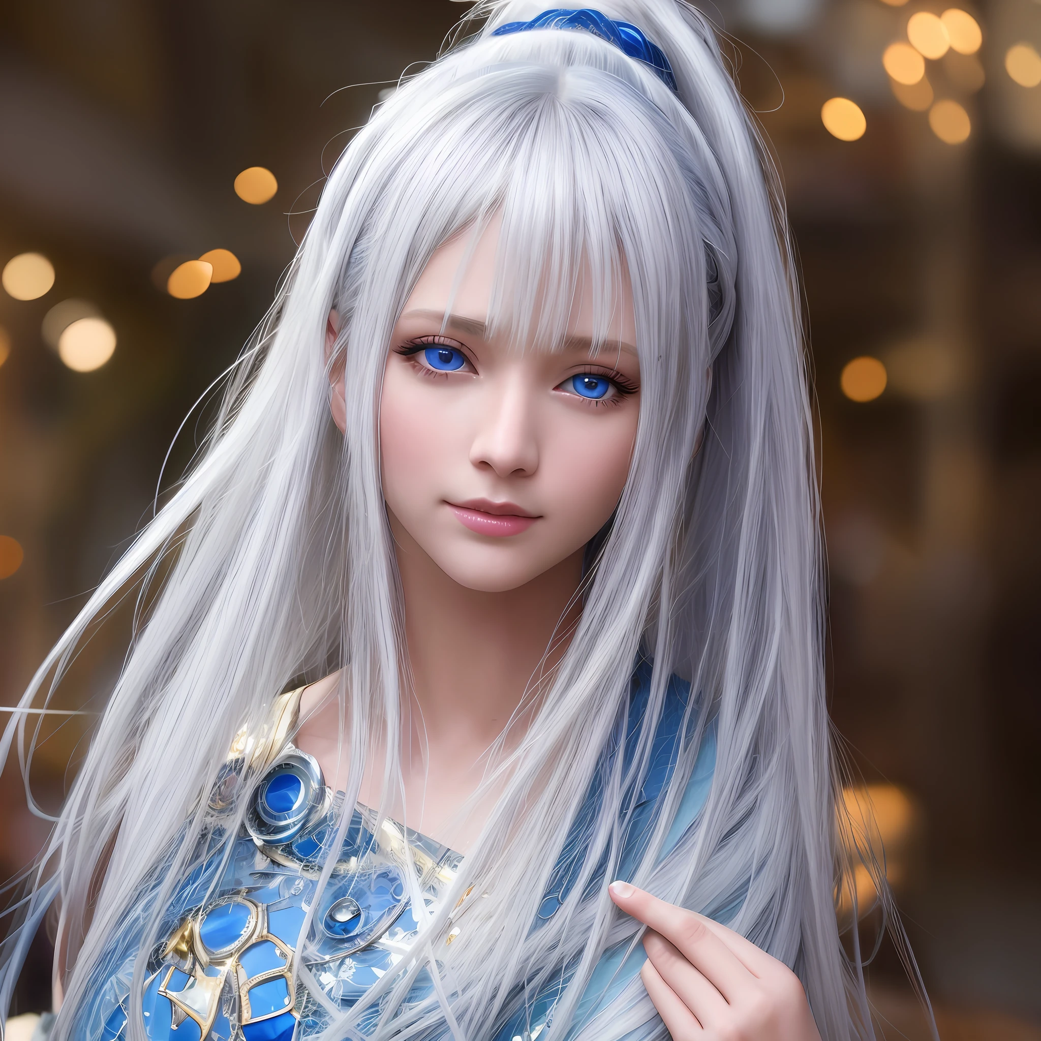 best quality, masterpiece, highres, wuxia 1girl, china dress, super Beautiful face, super beautiful eye, super beautiful hair, blue eyes, white long hair, blond and blue haired girl with long white hair and blue eyes, photorealistic anime girl render, girl with white hair, portrait of zodiac girl, gemini, windy, her smile, energy of her head, detailed hair, perfect chest, jewelry, 3 d anime realistic, hyper realistic anime, 2. 5 d cgi anime fantasy artwork, 3 d render character art 8 k, hyperdetailed fantasy character, perfect white haired girl, realistic young anime girl wearing beautiful white dress