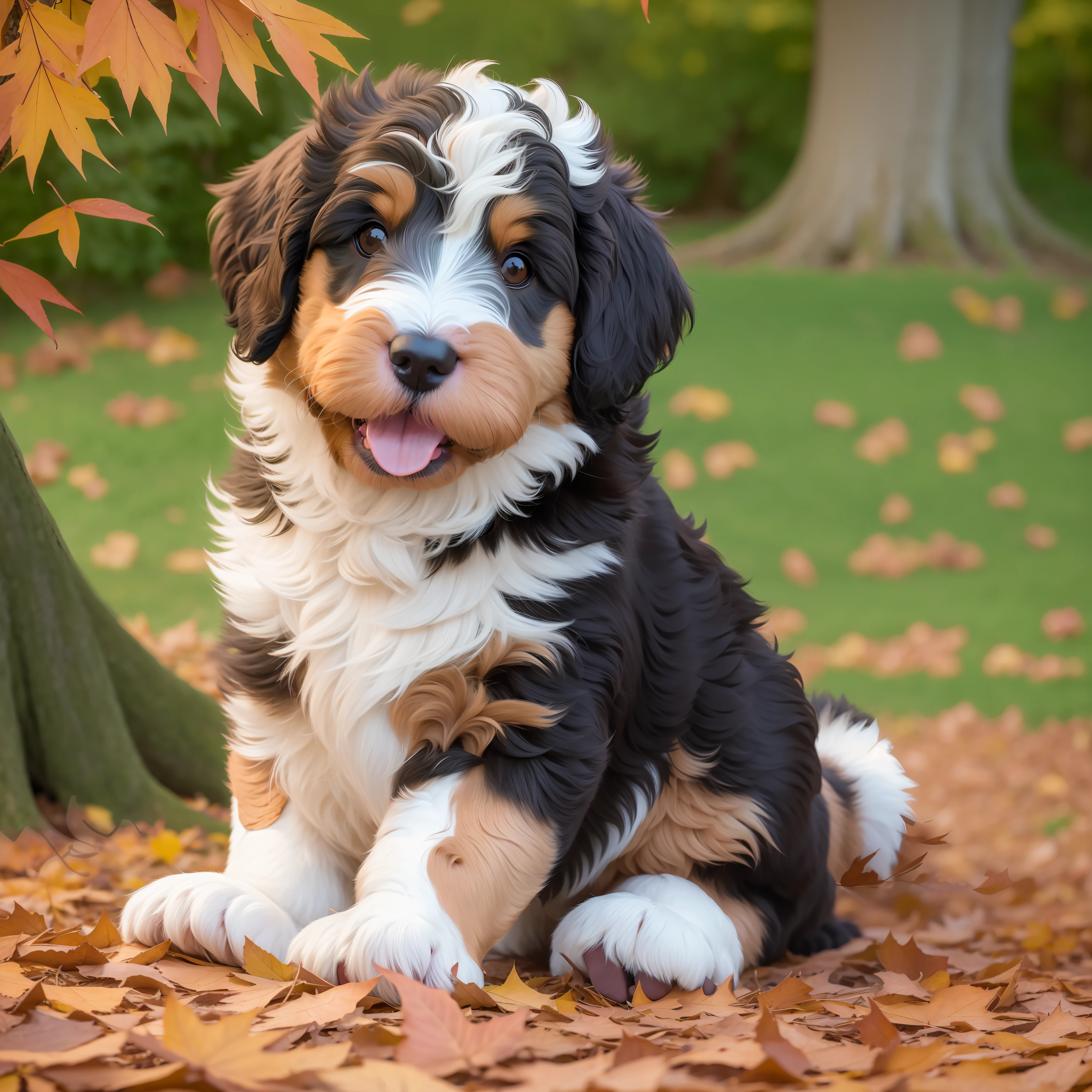 bernedoodle puppy playing with fallen leaves under a japanese maple tree