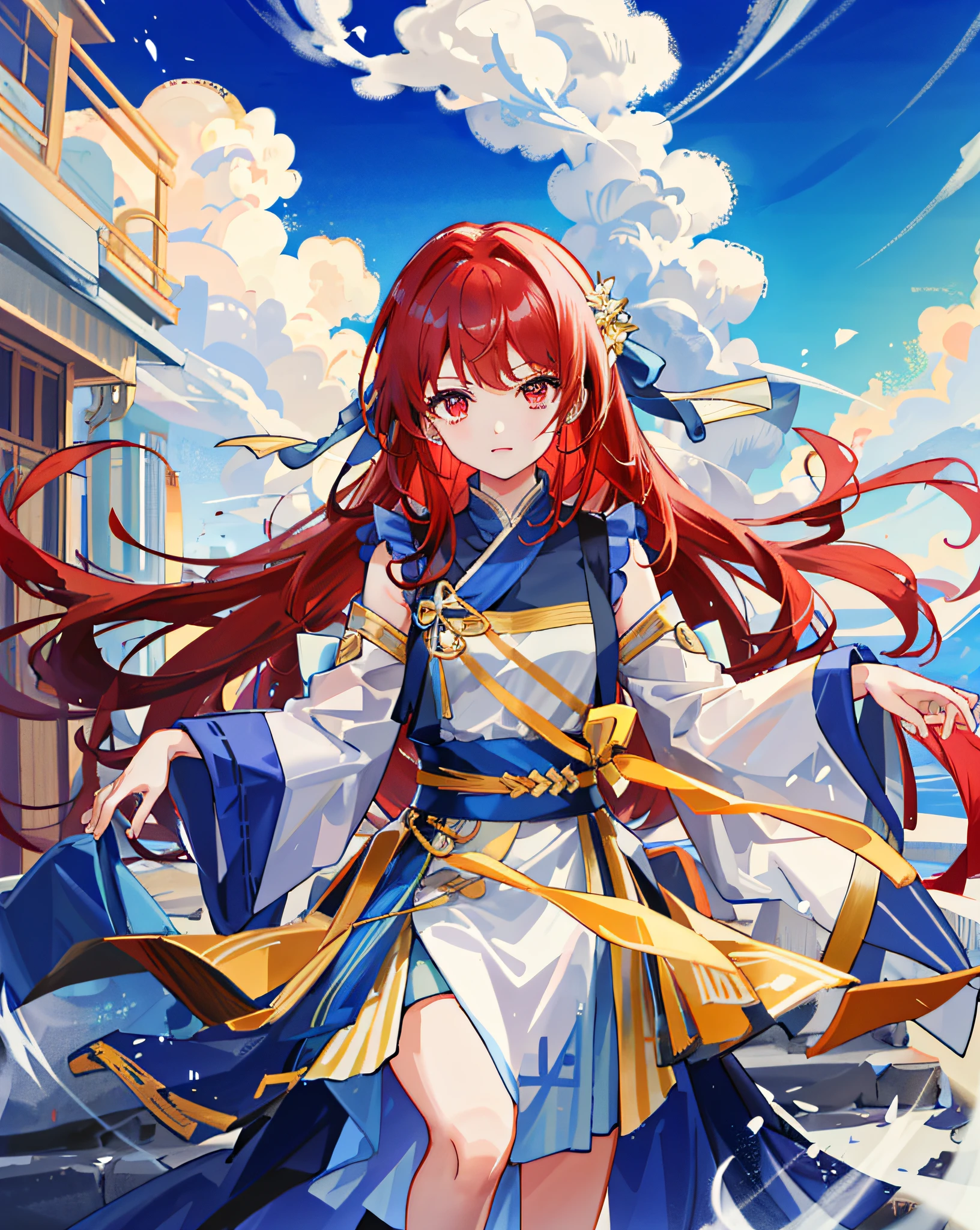 1girl,greek clothes, 大理石\(stone\), 寺庙, 纪念碑, red_hair,long_hair,upper body,