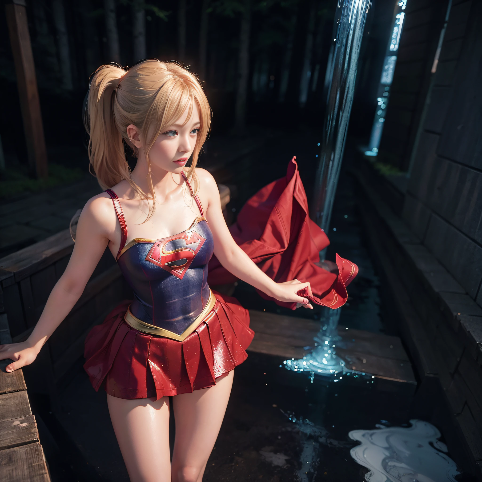 ((masterpiece)), 4k, beautiful (Japanese cute idle) , ((best quality)), (1girl:1.4), professional lighting, highres , blonde hair, looking at viewer, red sparkly lips, (supergirl costume), sweaty and wet, realistic painting, intricate, full body, (realistic eye:0.9), (realistic painting:0.9), beautiful shine blue eyes,  profile, embarrassed, strong neon backlight, oily, rainy, transparent, clean nasal bridge, frozen