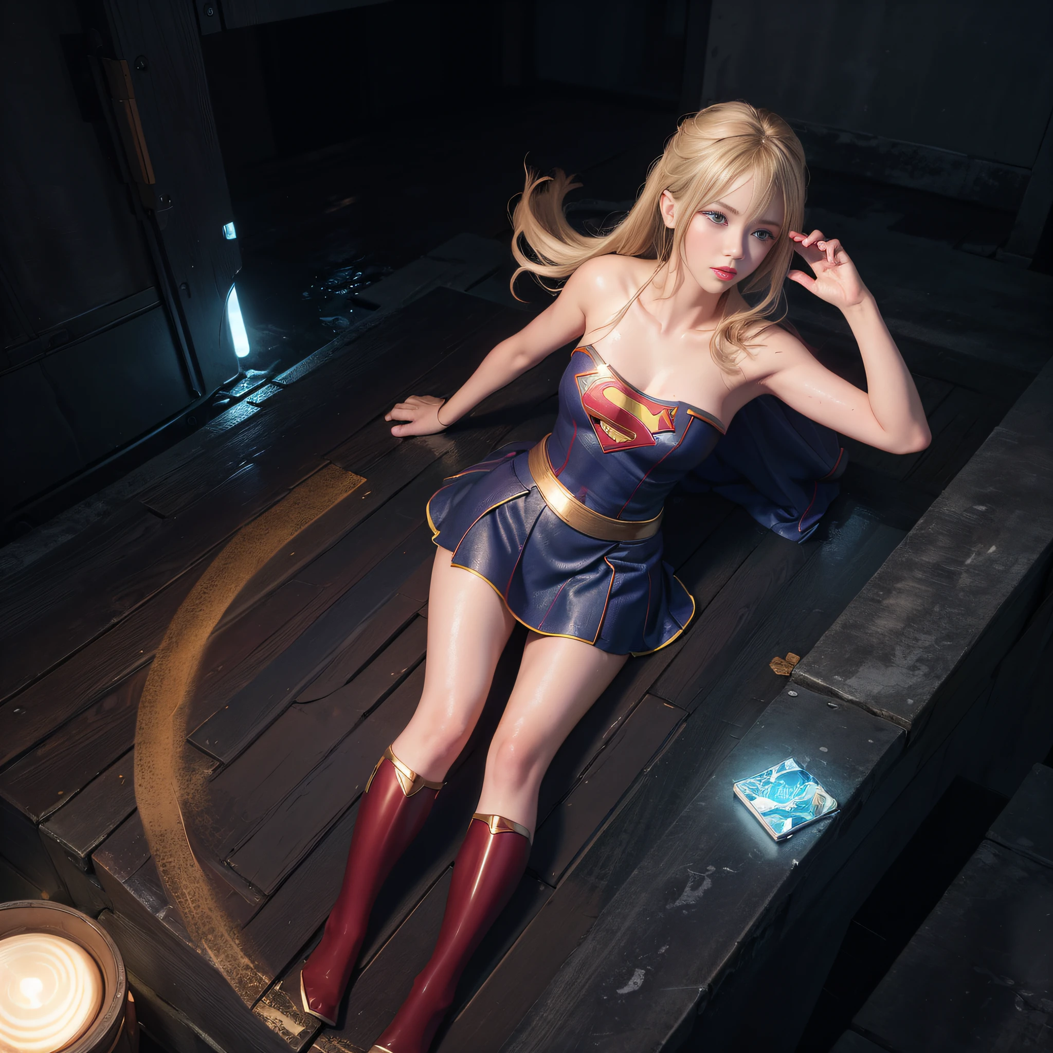 ((masterpiece)), 4k, beautiful (Japanese cute idle) , ((best quality)), (1girl:1.4), professional lighting, highres , blonde hair, looking at viewer, red sparkly lips, (supergirl costume), sweaty and wet, realistic painting, intricate, full body, (realistic eye:0.9), (realistic painting:0.9), beautiful shine blue eyes,  profile, embarrassed, strong neon backlight, oily, rainy, transparent, clean nasal bridge, frozen