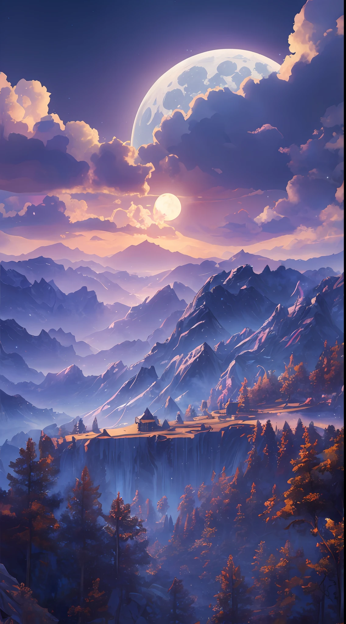 Masterpiece, best quality, high quality, extremely detailed CG unified 8k wallpaper, landscape, outdoors, sky, clouds, night, cloudy, big moon, huge stone wall hidden in the mountains, a group of people trying to open it, award winning photography, background bokeh, depth of field, HDR, bloom, chromatic aberration, realism, very detailed, artstation trend, cGSociety trend, intricate, high detail, drama, halfway art --auto --s2