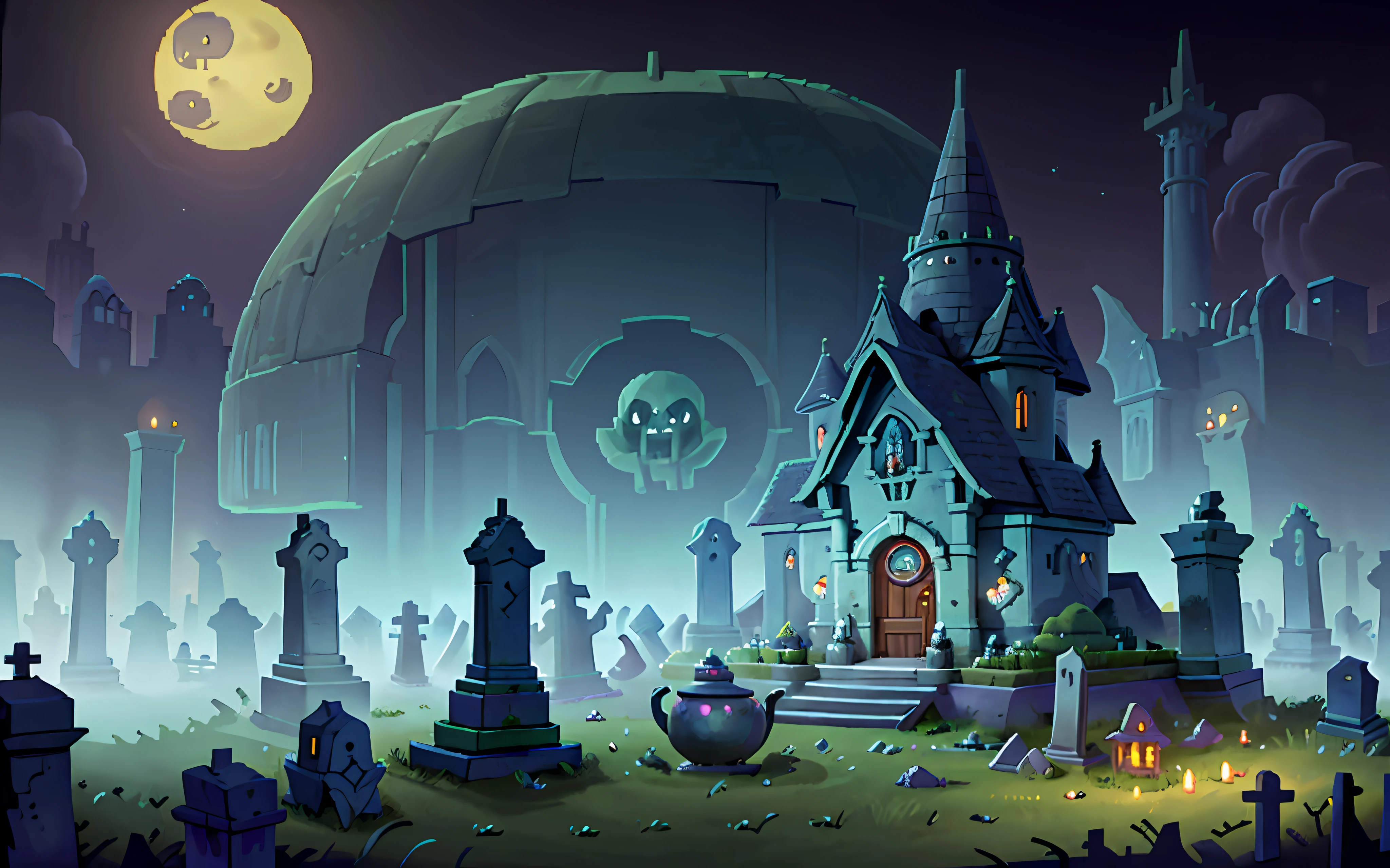 16-bit pixel graphics, gloomy atmosphere, night, masterpiece, best quality, ultra-detailed, isometric, sorceresses brew a potion in a huge cauldron, against the background of graveyard (cemetery), flying ghosts (flying ghosts).