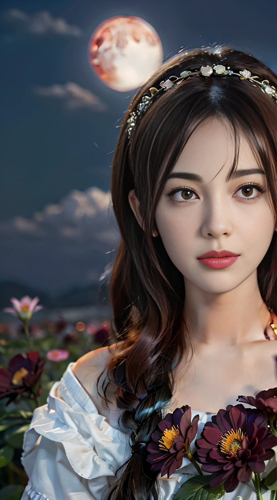1girl, blurry, blurry_background, brown_eyes, brown_hair, depth_of_field, earrings, flower, full_moon, hair_flower, hair_ornament, lips, looking_at_viewer, moon, moonlight, night, night_sky, outdoors, red_flower, red_moon, sky, solo