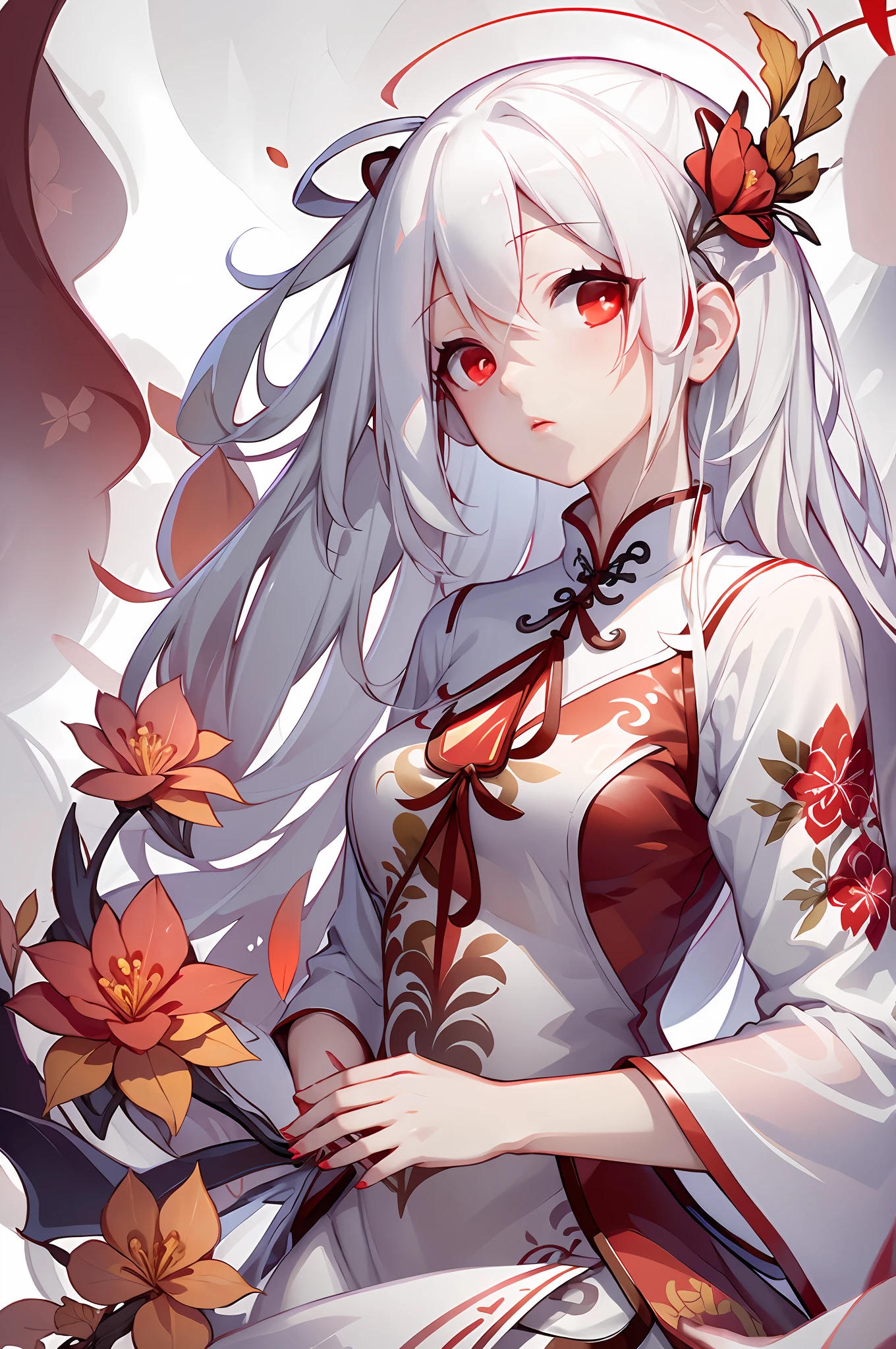 Stunning masterpiece, best image quality, super detailed, full of floating, high definition, a girl in cheongsam, beautiful figure, white hair, red eyes (1.2), dynamic posture, white and red flowers, cloudy and misty, watercolor effect, perfectly depicted.