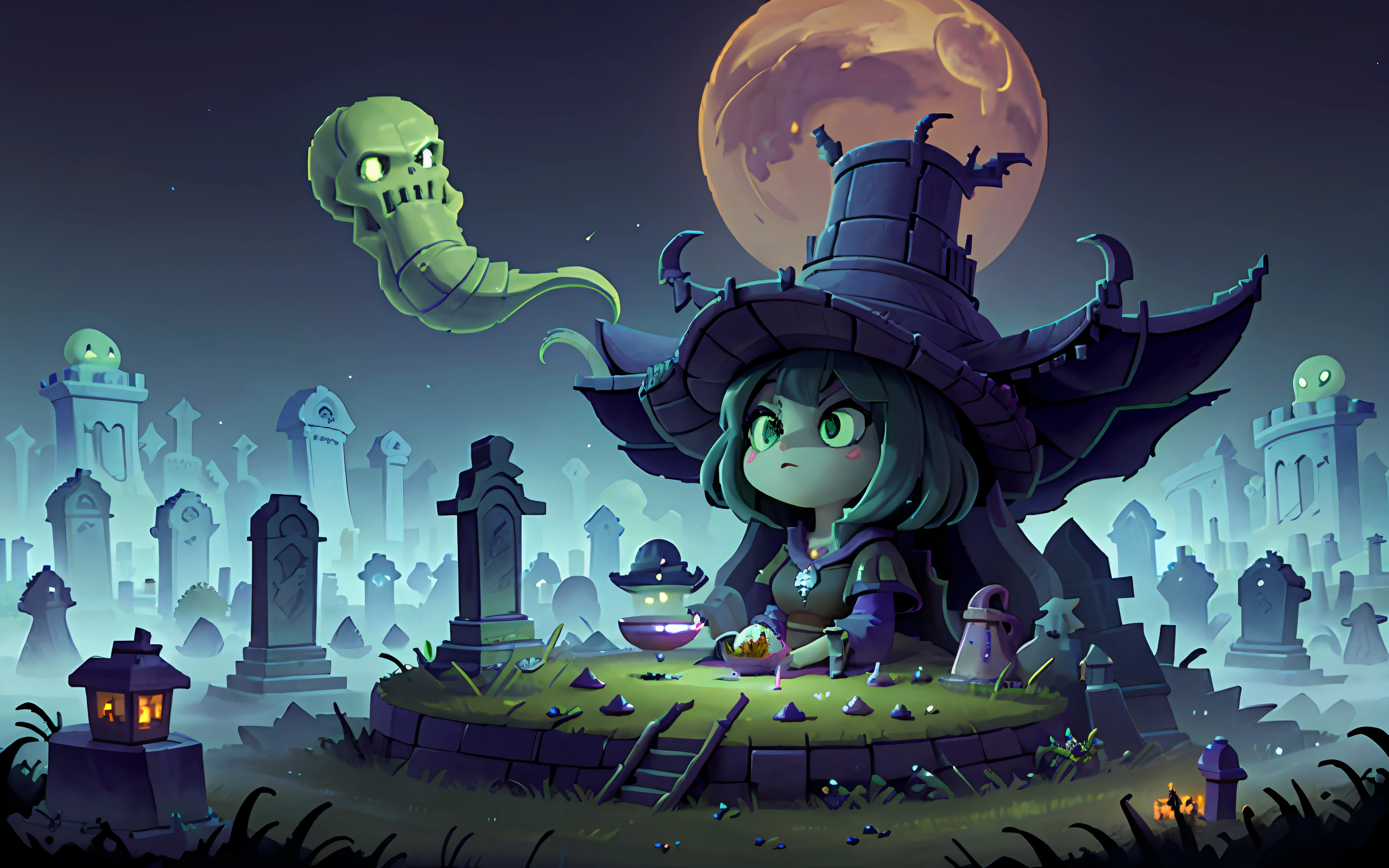 16-bit pixel graphics, gloomy atmosphere, night, masterpiece, best quality, ultra-detailed, isometric, sorceresses brew a potion in a huge cauldron, against the background of graveyard (cemetery), flying ghosts (flying ghosts).