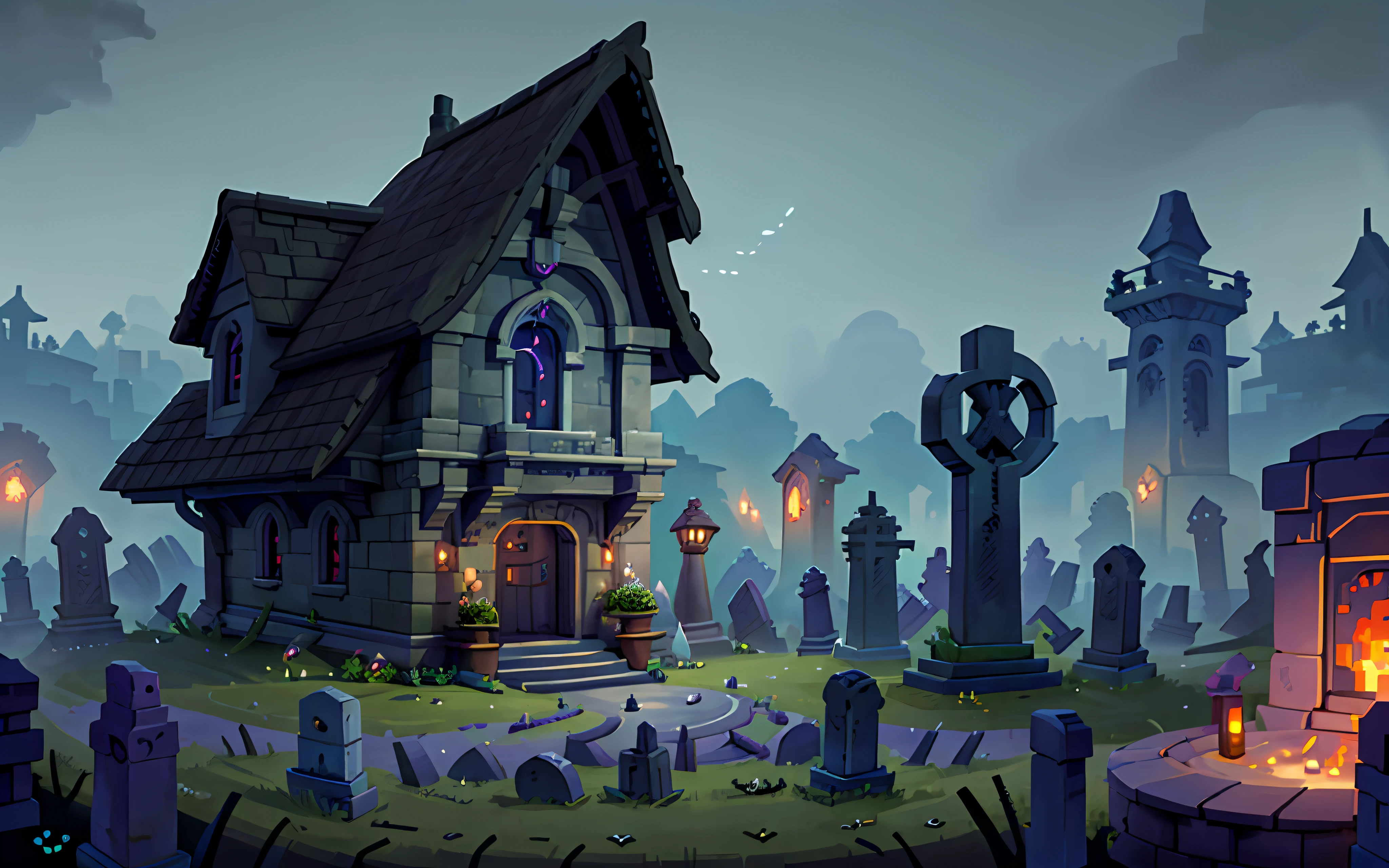 16-bit pixel graphics, gloomy atmosphere, night, masterpiece, best quality, ultra-detailed, isometric, sorceresses brew a potion in a huge cauldron, against the background of graveyard (cemetery), flying ghosts (flying ghosts).