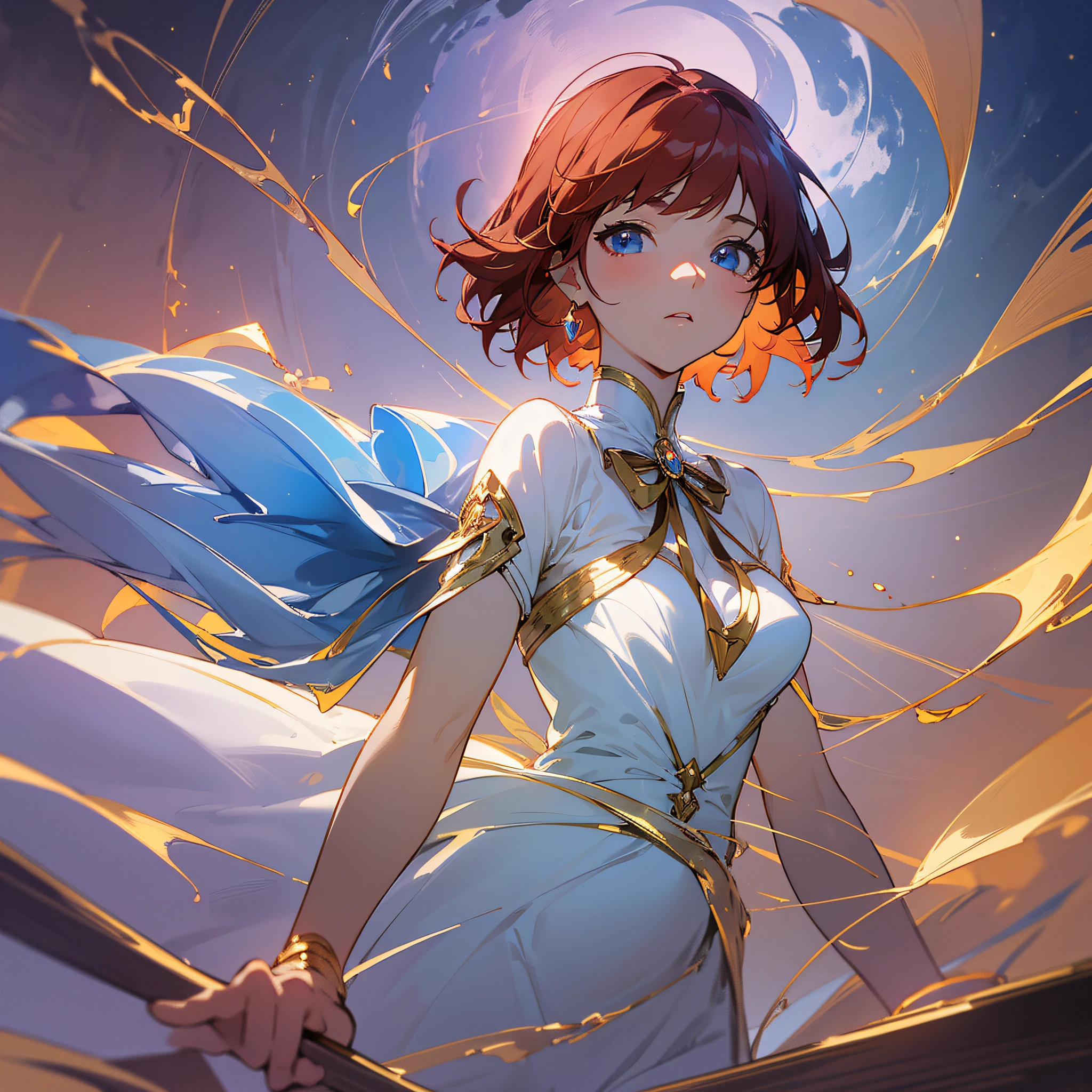 (best quality, masterpiece, ultra-detailed CG in 8k, improved lighting and shadow, beautiful floating girl with expression of doubt), short red hair, deep blue eyes, wearing a white outfit with gold details and ribbon on the neck, wide view, wrapped in soft mist, crescent moon in the night sky, fantasy environment - auto-s2 --auto --s2