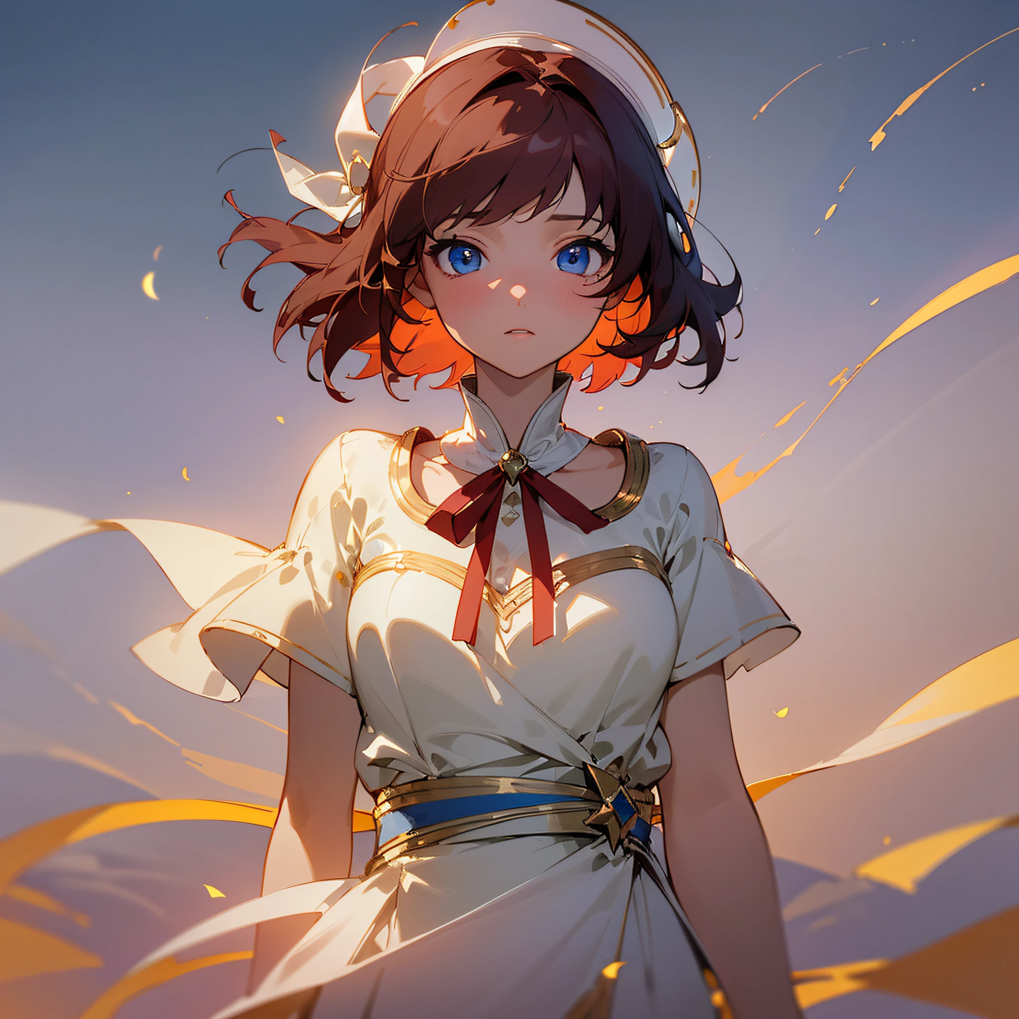 (best quality, masterpiece, ultra-detailed CG in 8k, improved lighting and shadow, beautiful floating girl with expression of doubt), short red hair, deep blue eyes, wearing a white outfit with gold details and ribbon on the neck, wide view, wrapped in soft mist, crescent moon in the night sky, fantasy environment - auto-s2 --auto --s2