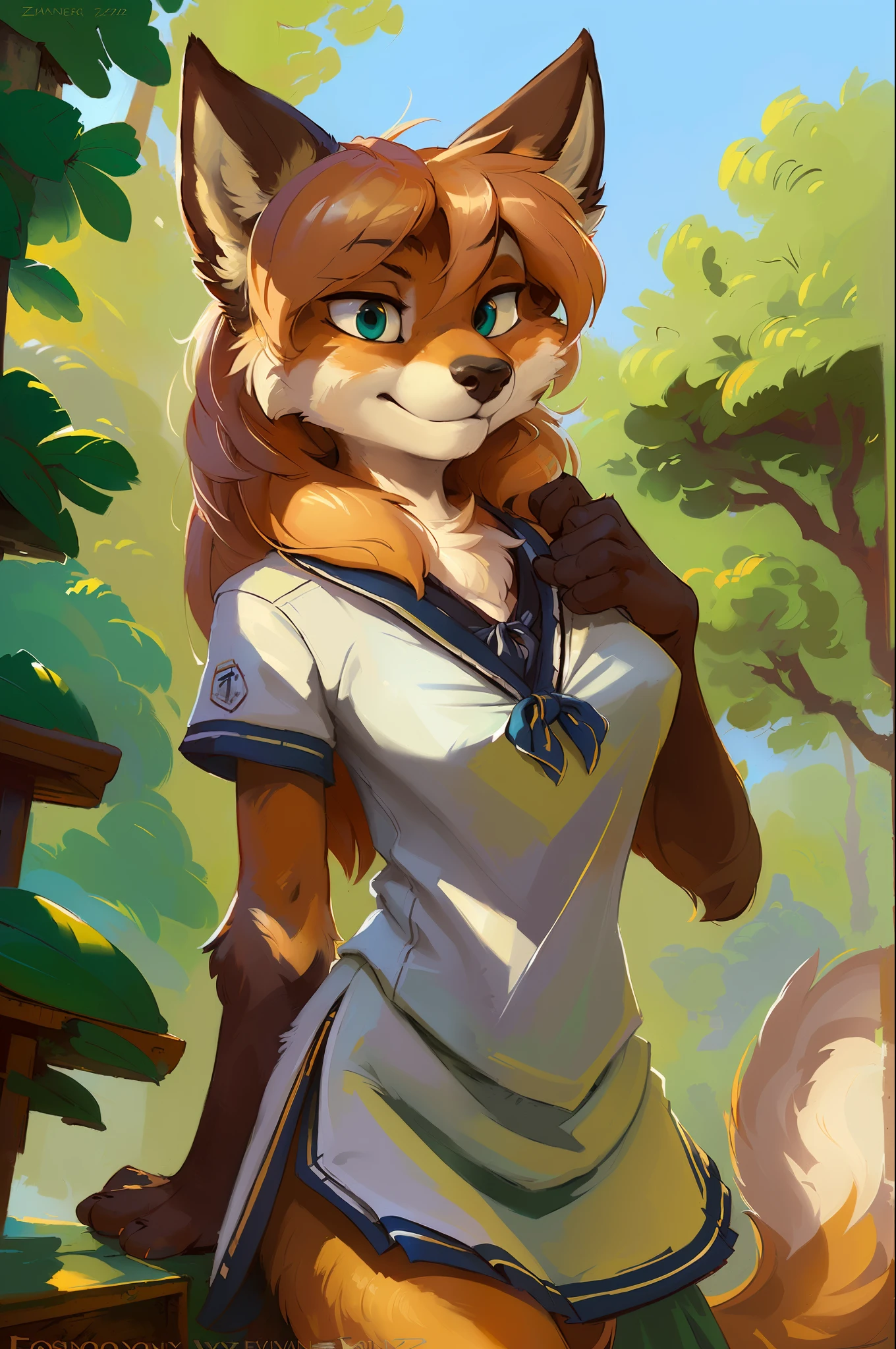 averi, fox girl, big chest, day, sexy, sensual, detailed, uploaded to e621, beautiful and detailed portrait of an anthropomorphic vixen ((female))) kenket, Ross Tran, ruan jia, uploaded to e621, zaush, foxovh, film lighting, school girl uniform, absolute territory