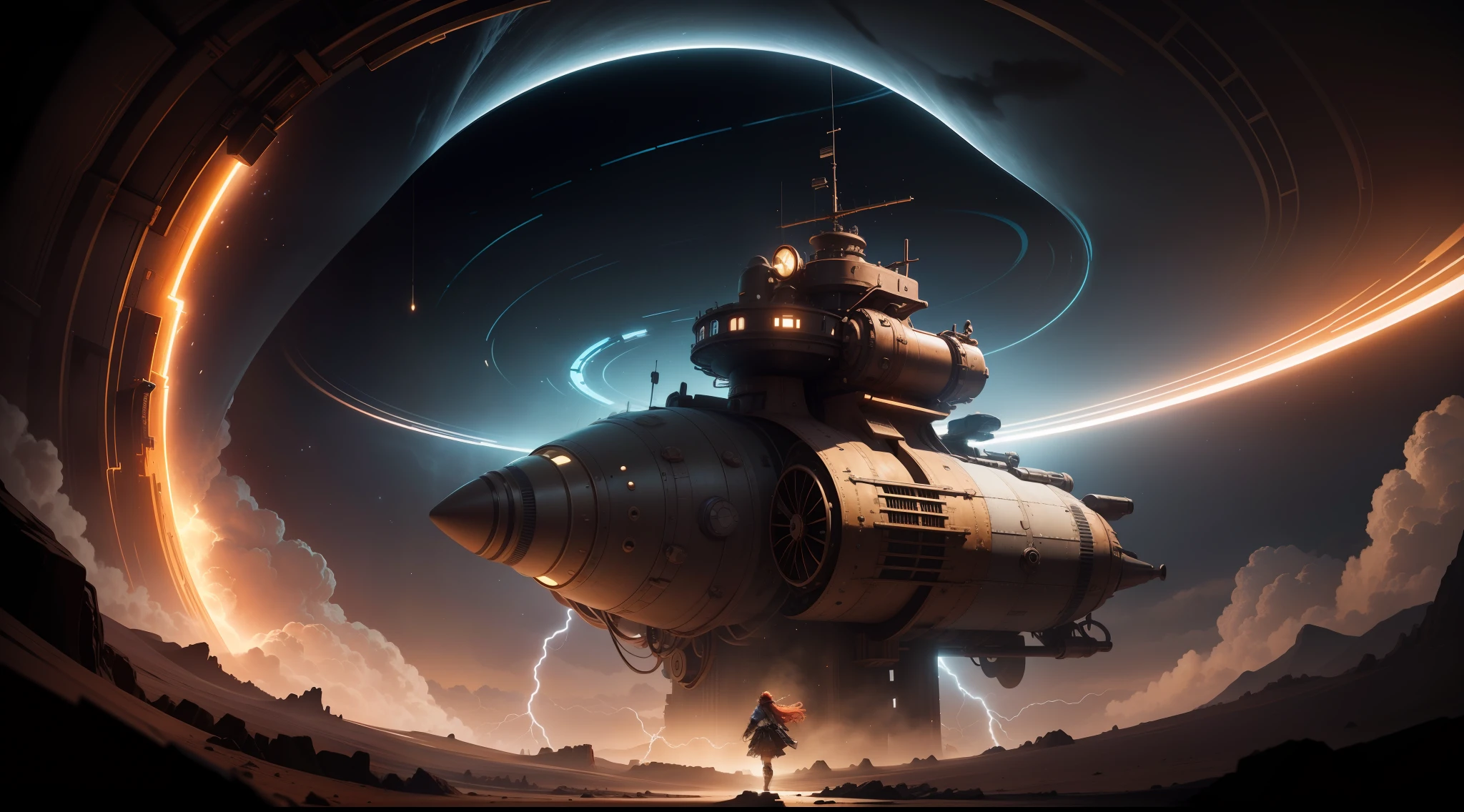 /imagine prompt: illustration of Time and space tunnel light wave, a beautiful 10-year-old girl with red hair shuttling with a Steampunk piglet ,Shuttle through time and space, 10 year old red haired girl::10, Steampum Overcome Piglet::15, Time Tunnel::16, Lightning, a lot of lightning::19, rule of thirds composition::8, ultrawide shot::16, Unreal Engine::13, Studio light::10, Dramatic light::10, Cinematic light::10, Cinematic::8, Dramatic::9, hyper quality::8, Space station::15, Steampunk::10 --seed 4294967295 --s 400 --q 2 --c 40