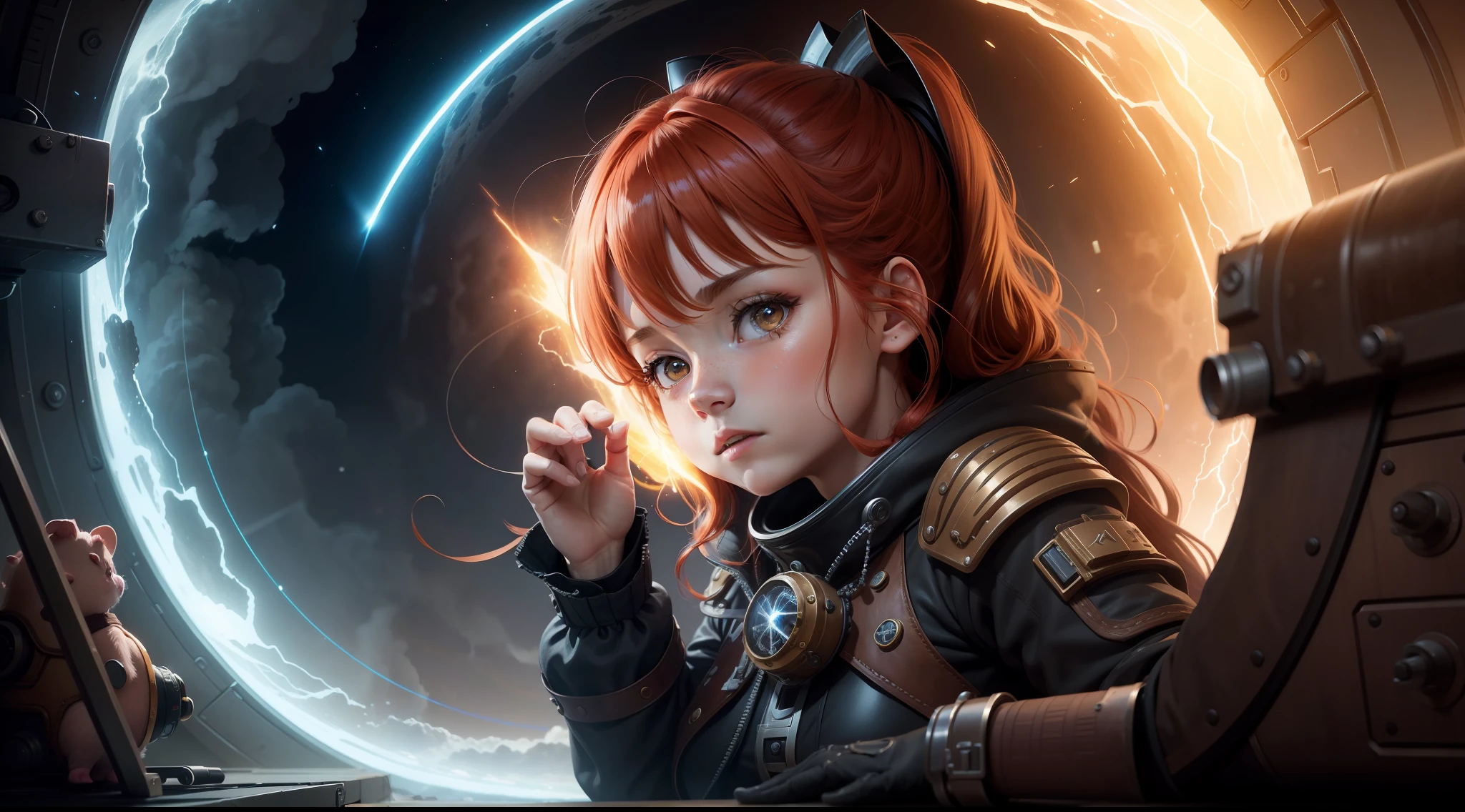 /imagine prompt: illustration of Time and space tunnel light wave, a beautiful with red hair shuttling with a Steampunk piglet ,Shuttle through time and space, 10 year old red haired girl::10, Steampum Overcome Piglet::15, Time Tunnel::16, Lightning, a lot of lightning::19, rule of thirds composition::8, ultrawide shot::16, Unreal Engine::13, Studio light::10, Dramatic light::10, Cinematic light::10, Cinematic::8, Dramatic::9, hyper quality::8, Space station::15, Steampunk::10 --seed 4294967295 --s 400 --q 2 --c 40