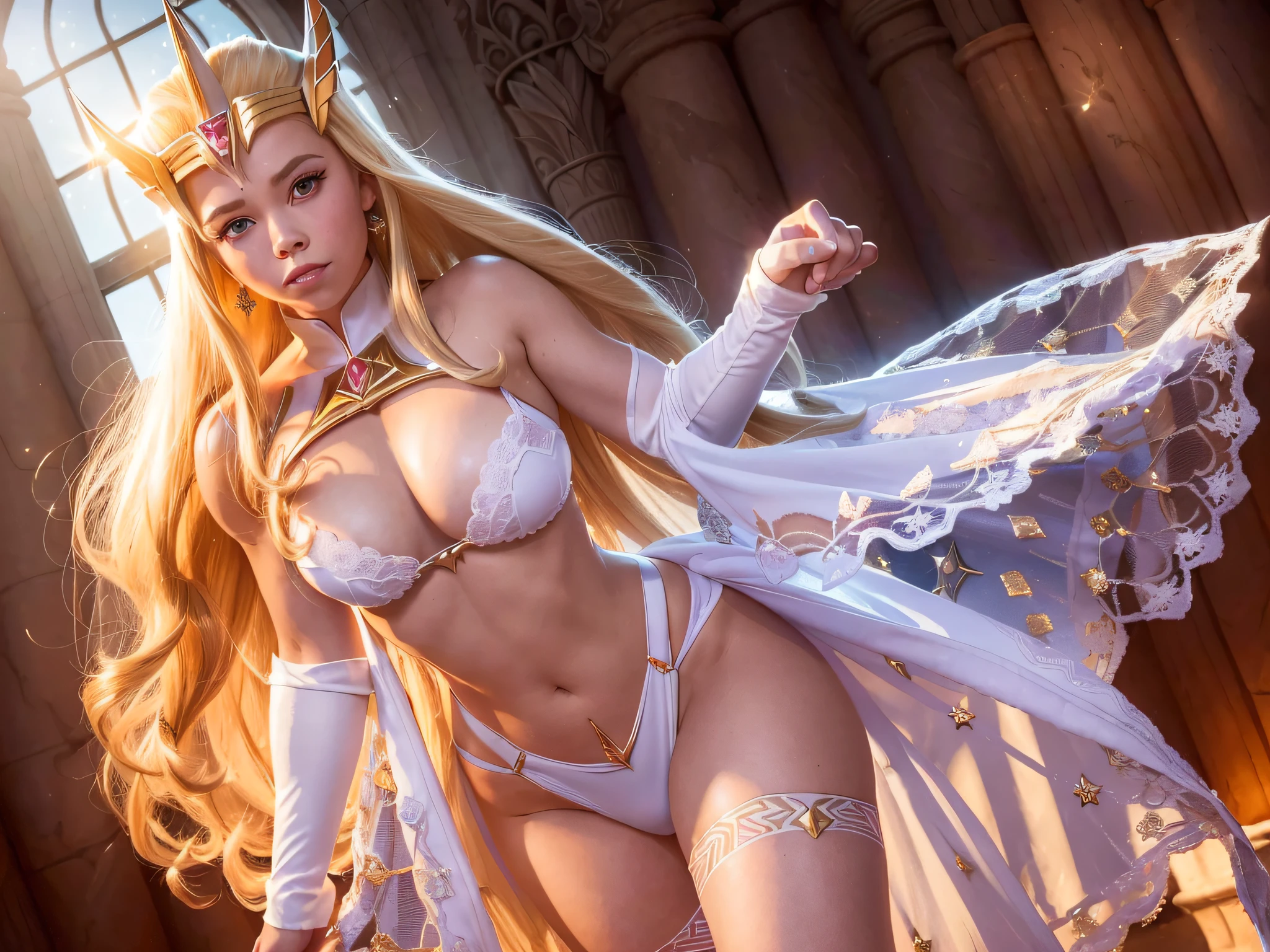 full body photo of ((She-ra)), ((The princess of the power)), blonde, white dress, white lace panties, high kick, 85mm lens, eos, 4k, exquisite detail, 4k, Canon EOS, 85mm lens, sharp focus, real texture skin, (ysfw:1.5)