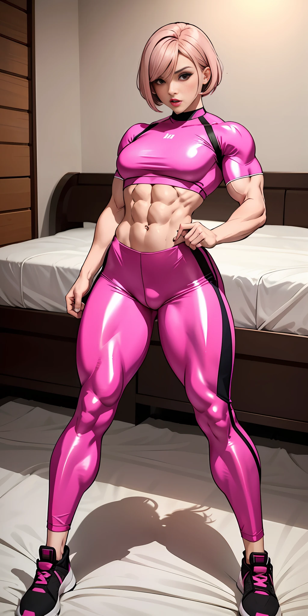 Man, girl face, transgender, adult, lipstick, provocative face, , pink hair (cut and straight), running pants, sports top, muscular, male thighs, small male breasts, pretuberance, macing genital, full body, shiny pants, ass (bottom: bed)