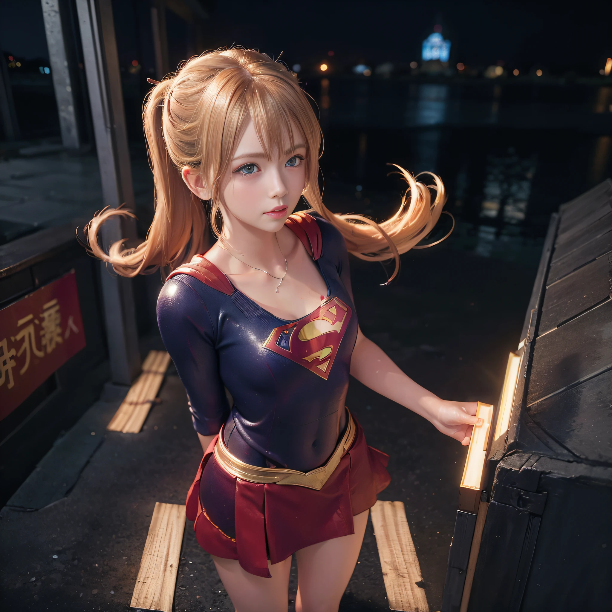 ((masterpiece)), 4k, beautiful (Japanese cute idle) , ((best quality)), professional lighting, highres , blonde hair, looking at viewer, red sparkly lips, (supergirl costume), sweaty and wet, realistic painting, intricate, full body, (realistic eye:0.9), (realistic painting:0.9), beautiful shine blue eyes, profile, embarrassed, strong neon backlight, oily, rainy, transparent, clean nasal bridge, frozen, (1girl:1.4),