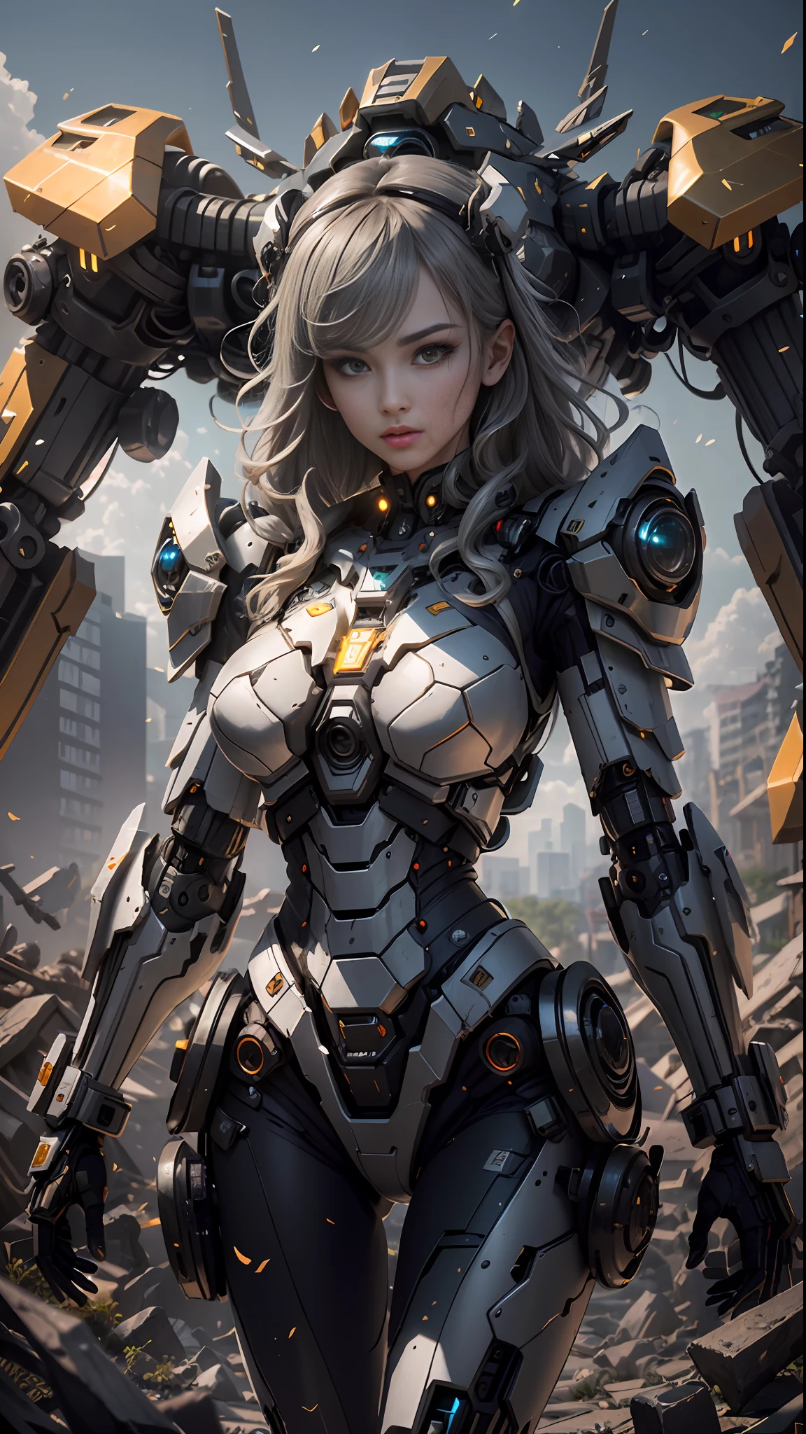 ((Best Quality)), ((Masterpiece)), (Very Detailed: 1.3), 3D, Shitu-mecha, Beautiful cyberpunk woman wearing crown with her mecha in ruins of a city in forgotten war, long silver hair, sci-fi technology, HDR (High Dynamic Range), ray tracing, nvidia RTX, super resolution, unreal 5, subsurface scattering, PBR texture, post-processing, anisotropic filtering, depth of field, maximum sharpness and sharpness, multi-layered texture, Albedo and specular mapping, surface shading, accurate simulation of light-material interactions, perfect ratios, octane rendering, duotone lighting, low ISO, white balance, rule of thirds, wide aperture, 8K RAW, high efficiency sub-pixels, subpixel convolution, luminous particles, light scattering, Tyndall effect