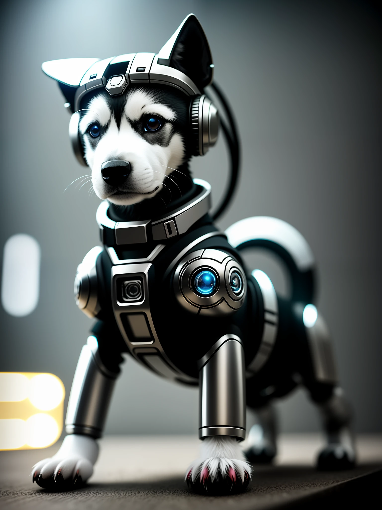 Cute metal puppy, breed Husky, (Cyborg: 1.1), ([Tail | Detailed wire]: 1.3), (Complex Detail), HDR, (Complex Detail, Ultra Detail: 1.2), Cinematic Shot, Vignette, Center