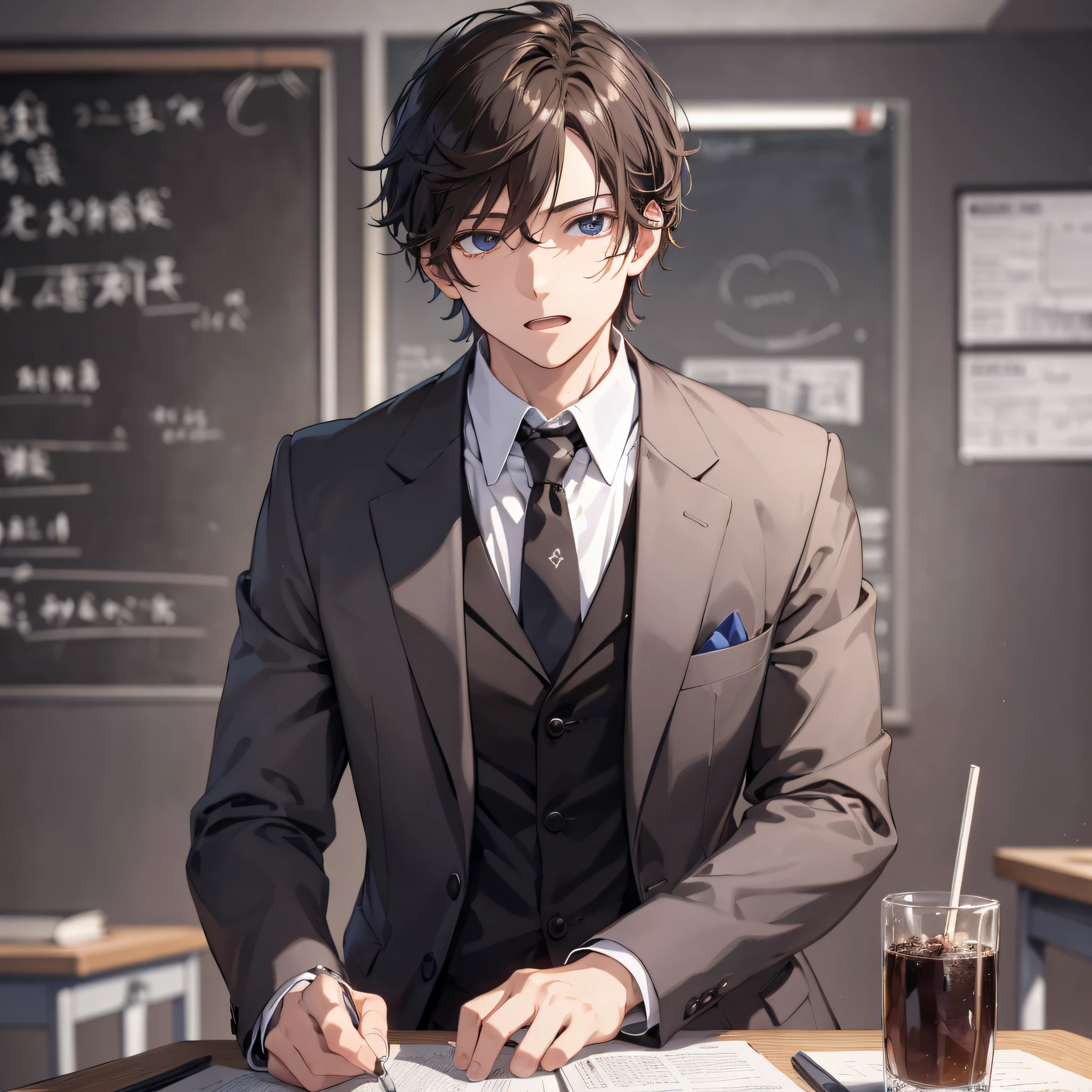 Awakening Ritual, Absurd Resolution, High Resolution, (Masterpiece: 1.4), Hyperdetail, 1boy, Mature Man, Brunette Man, High School Student Dressup, Classroom, Upper Body Display, Single, Shocked Expression